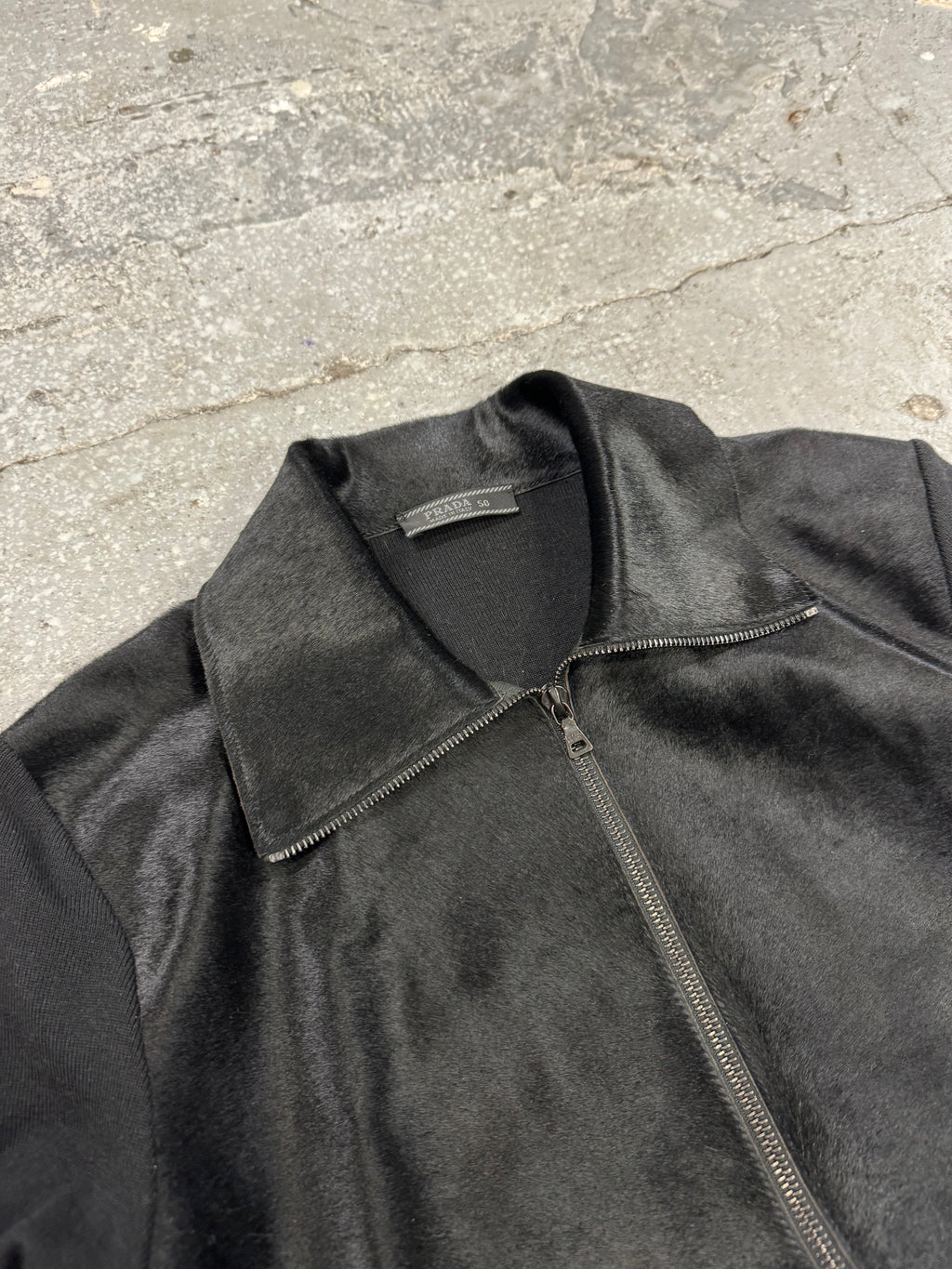 FW2000 Prada Navy Wool & Black Pony Hair Leather Zip-Up Sweater (M)