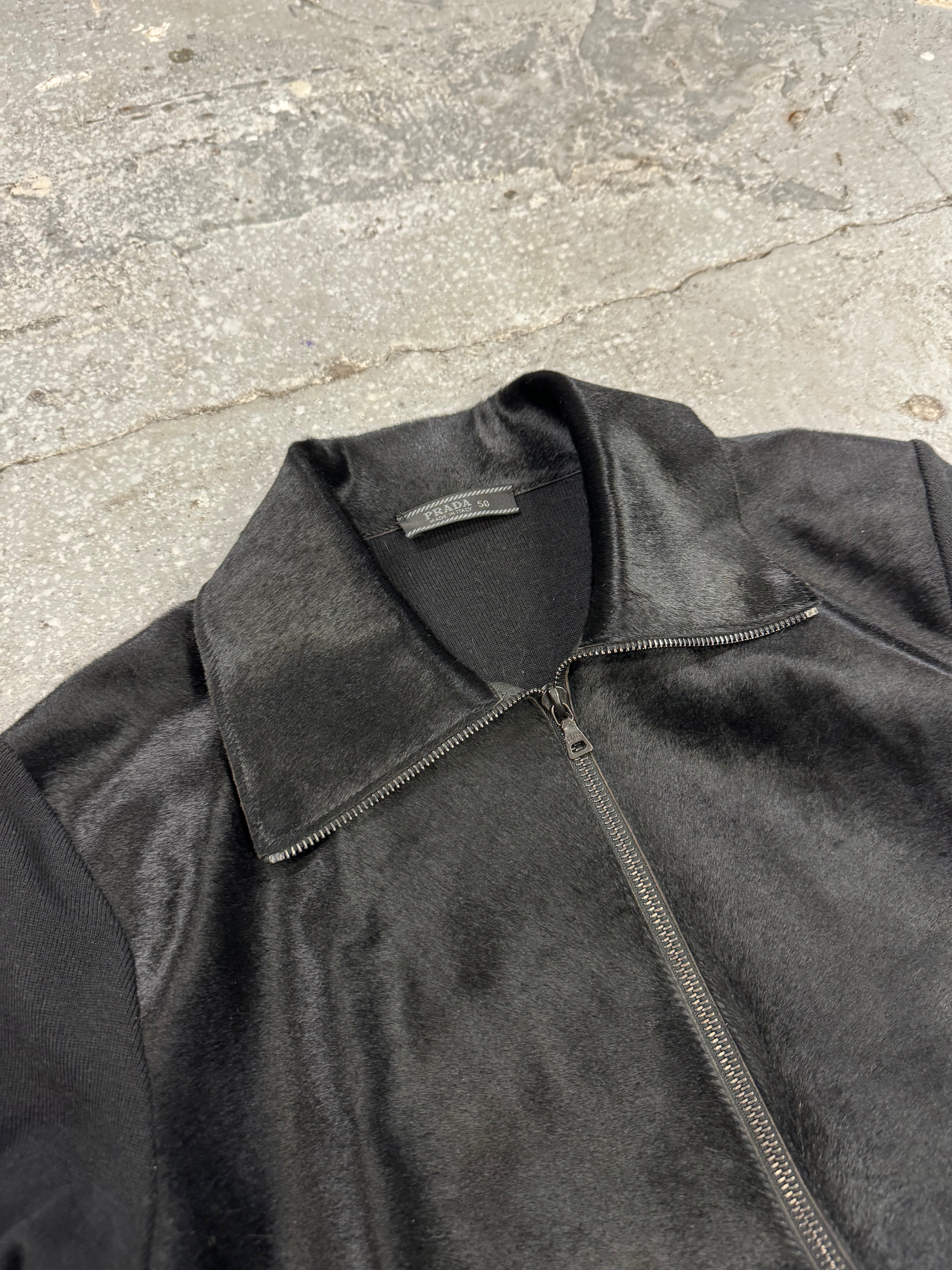 FW2000 Prada Navy Wool & Black Pony Hair Leather Zip-Up Sweater (M)