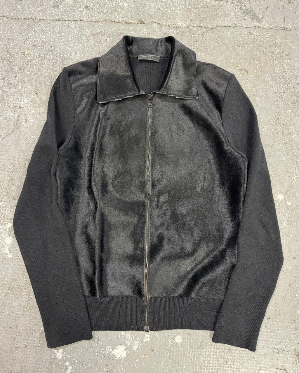 FW2000 Prada Navy Wool & Black Pony Hair Leather Zip-Up Sweater (M)