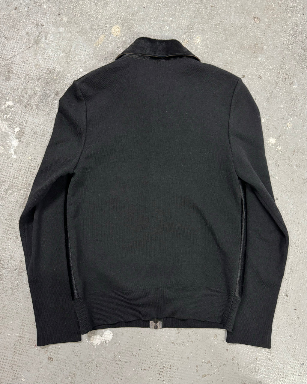 FW2000 Prada Navy Wool & Black Pony Hair Leather Zip-Up Sweater (M)