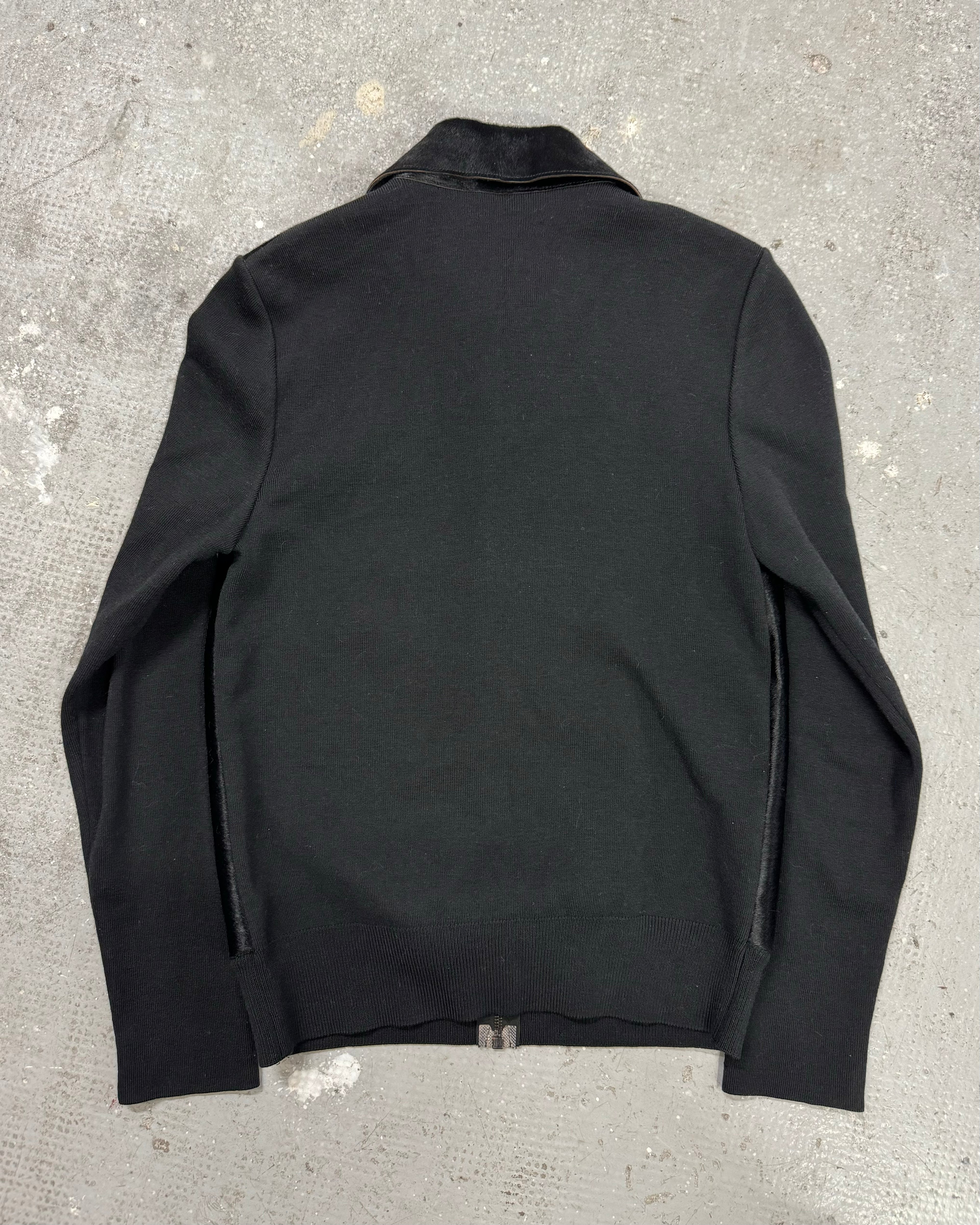 FW2000 Prada Navy Wool & Black Pony Hair Leather Zip-Up Sweater (M)
