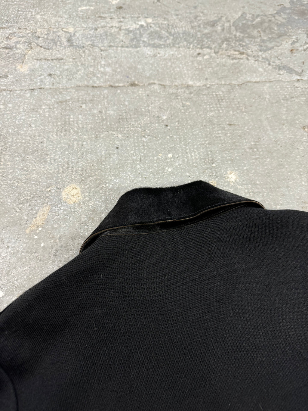 FW2000 Prada Navy Wool & Black Pony Hair Leather Zip-Up Sweater (M)