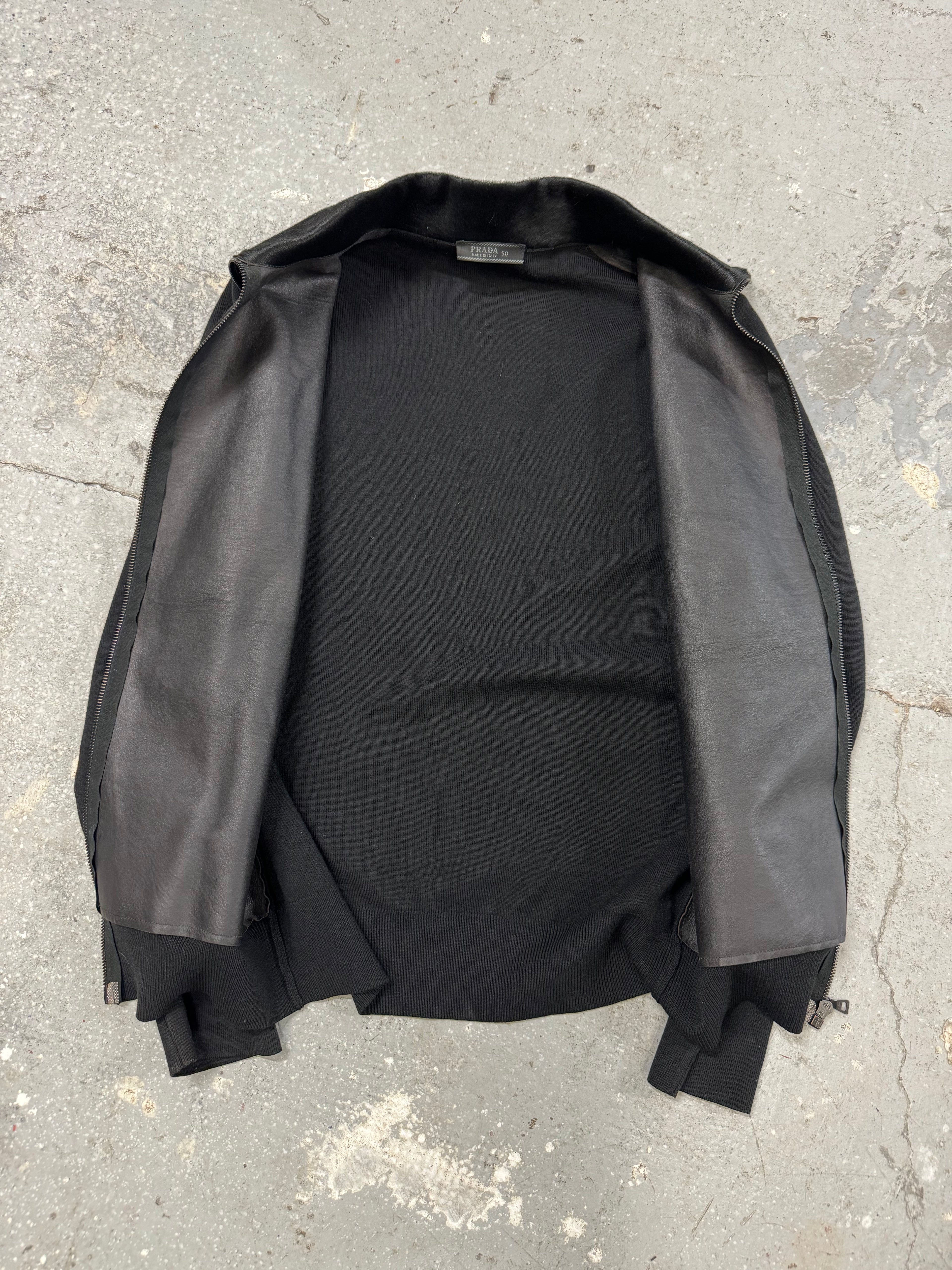 FW2000 Prada Navy Wool & Black Pony Hair Leather Zip-Up Sweater (M)