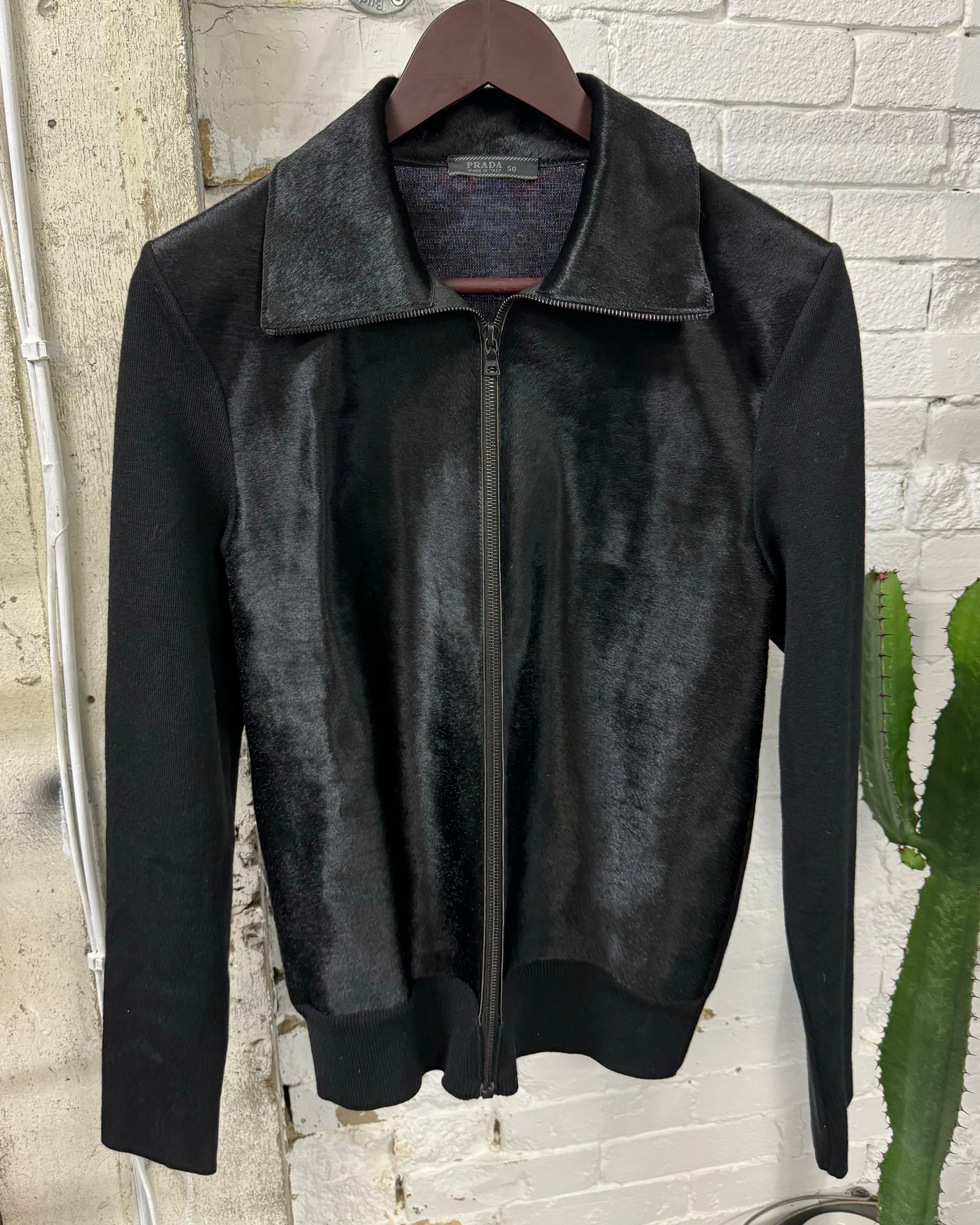 FW2000 Prada Navy Wool & Black Pony Hair Leather Zip-Up Sweater (M)