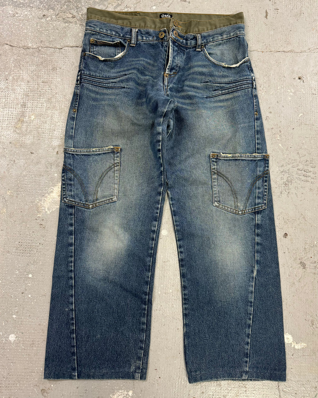 AW2003 Dolce & Gabbana Double-Waisted Faded Denim Cargo Pants (S/M)