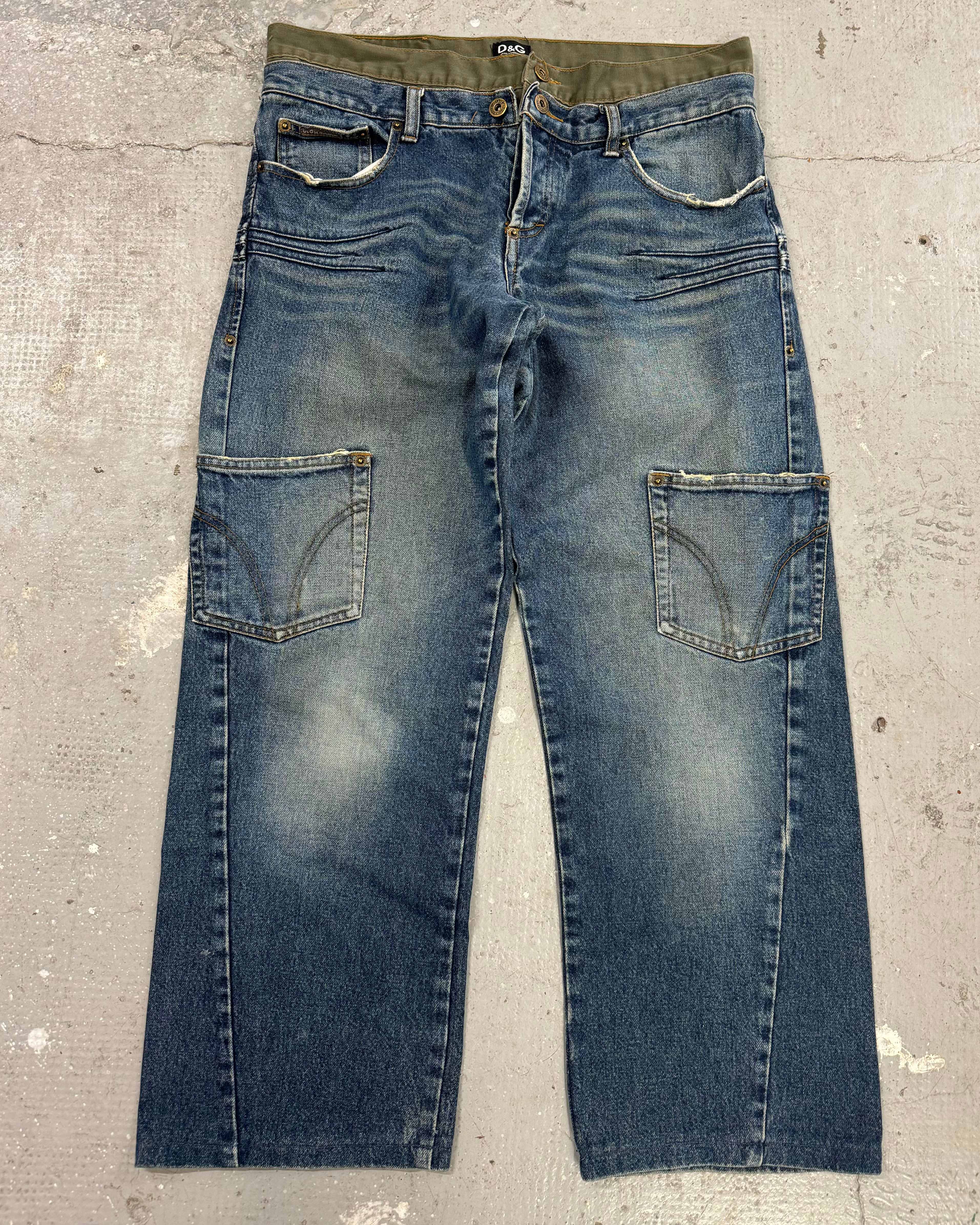 AW2003 Dolce & Gabbana Double-Waisted Faded Denim Cargo Pants (S/M)