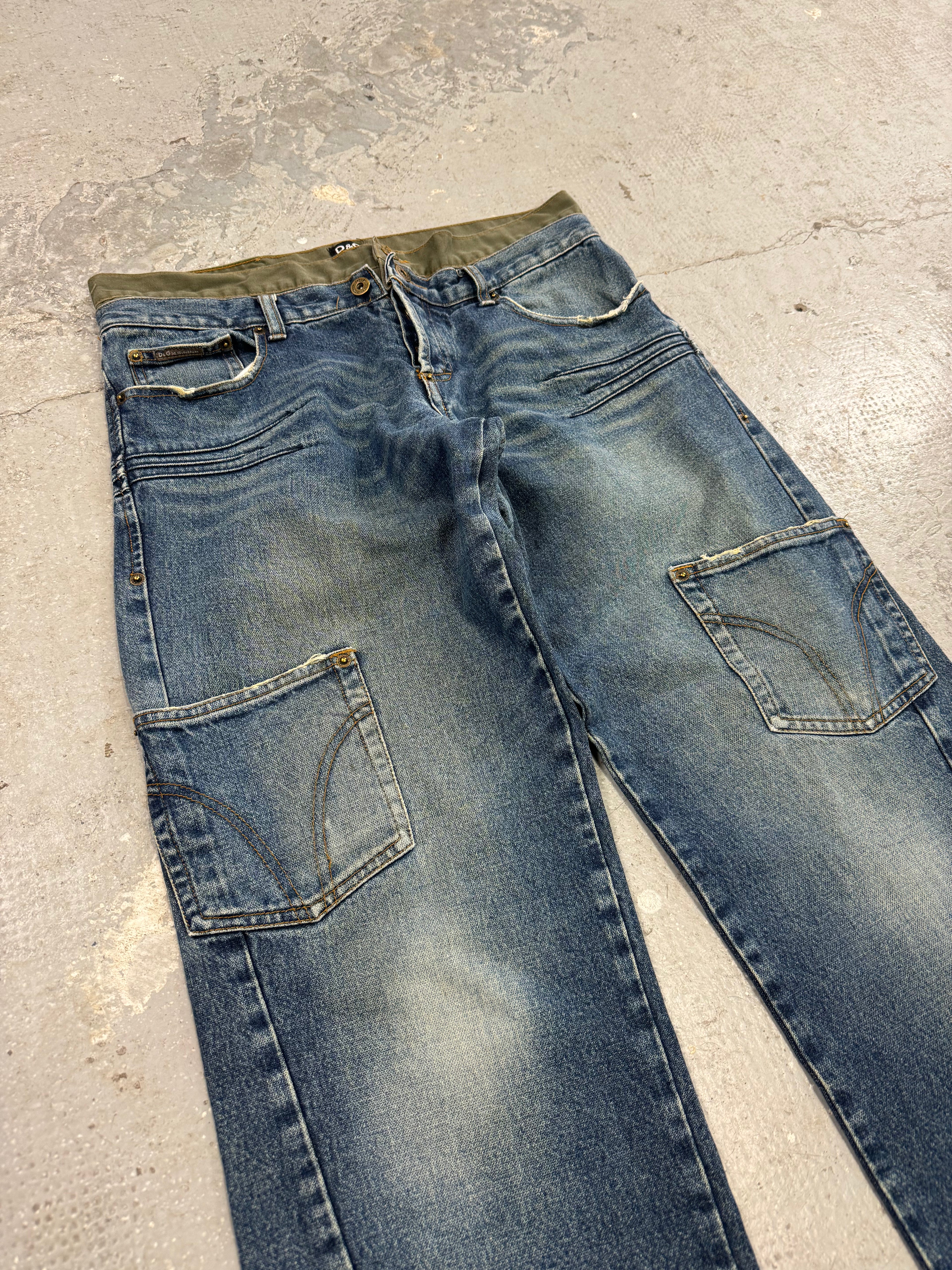 AW2003 Dolce & Gabbana Double-Waisted Faded Denim Cargo Pants (S/M)