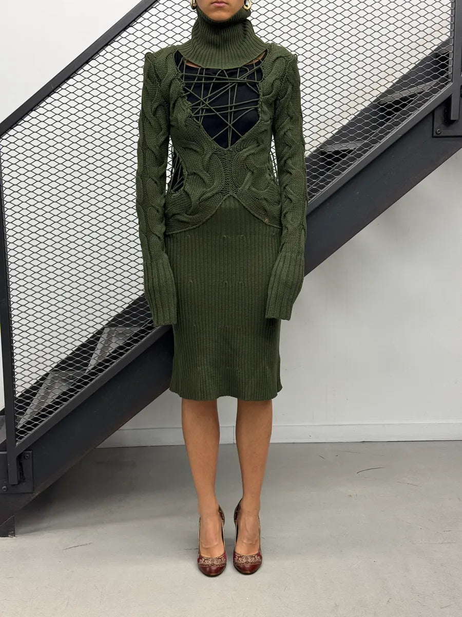 AW2011 Alexander McQueen Olive Wool Cutout Cable-Knit Dress ZldPyZau 0