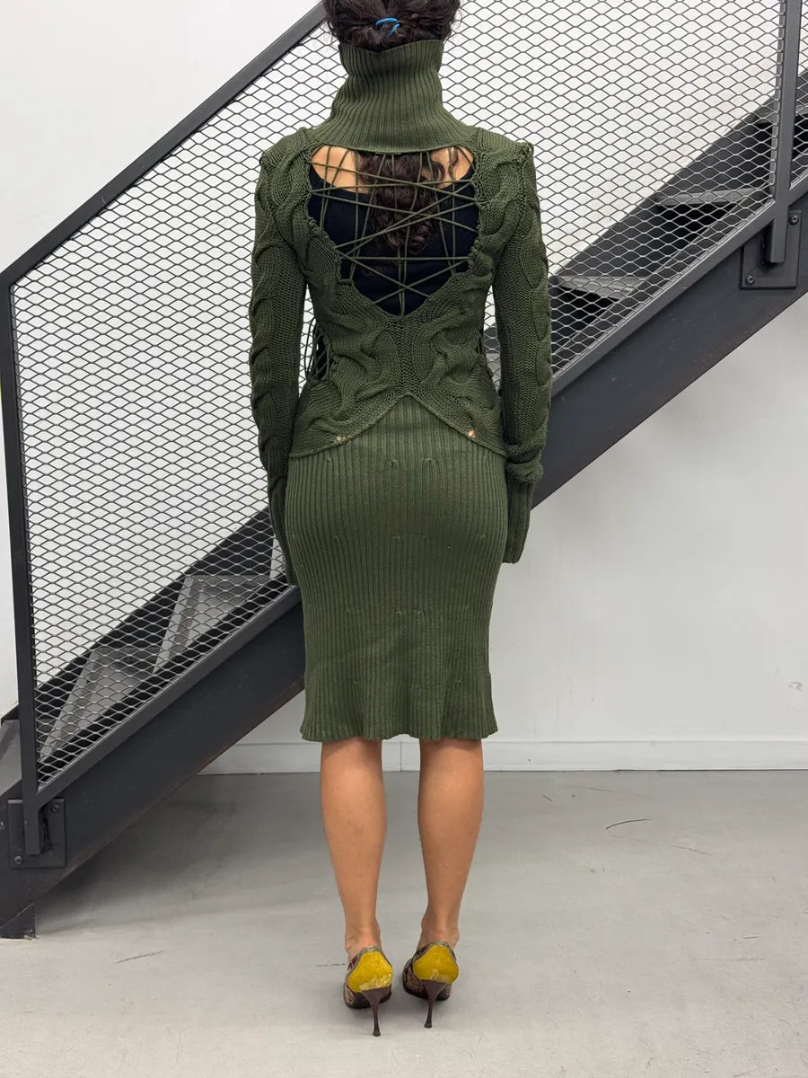 AW2011 Alexander McQueen Olive Wool Cutout Cable-Knit Dress ZldPyZau 1