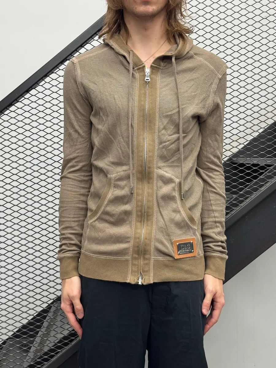 2010s Dolce & Gabbana Taupe Linen Logo Plaque Zip-Up Hoodie nMiKlZTI 1