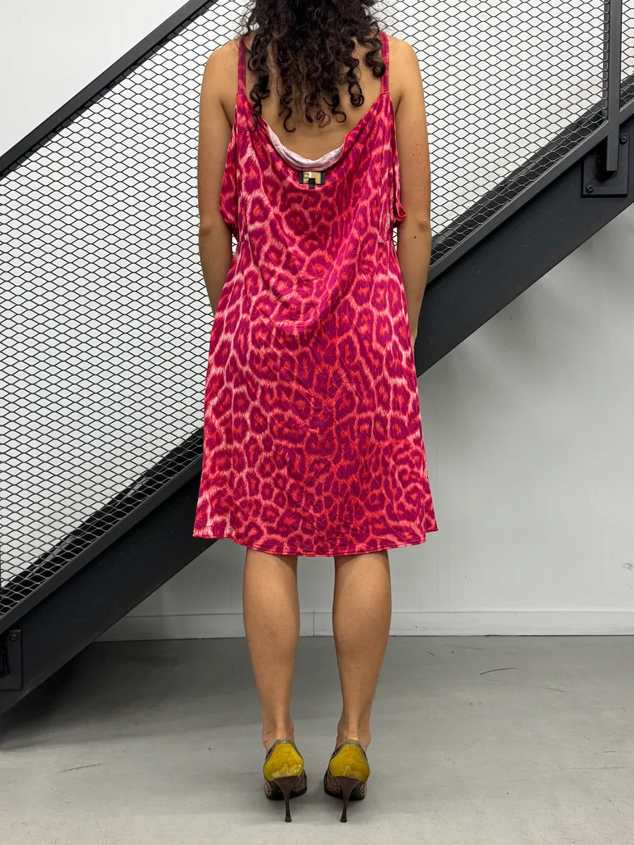 SS2009 Cavalli Red Pink Leopard Print Draped Camisole Dress UcqShAyg 1