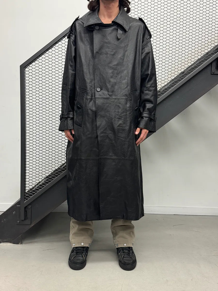 AW2022 Emporio Armani Black Leather Double-Breasted Trench Coat DwOZxBUk 0