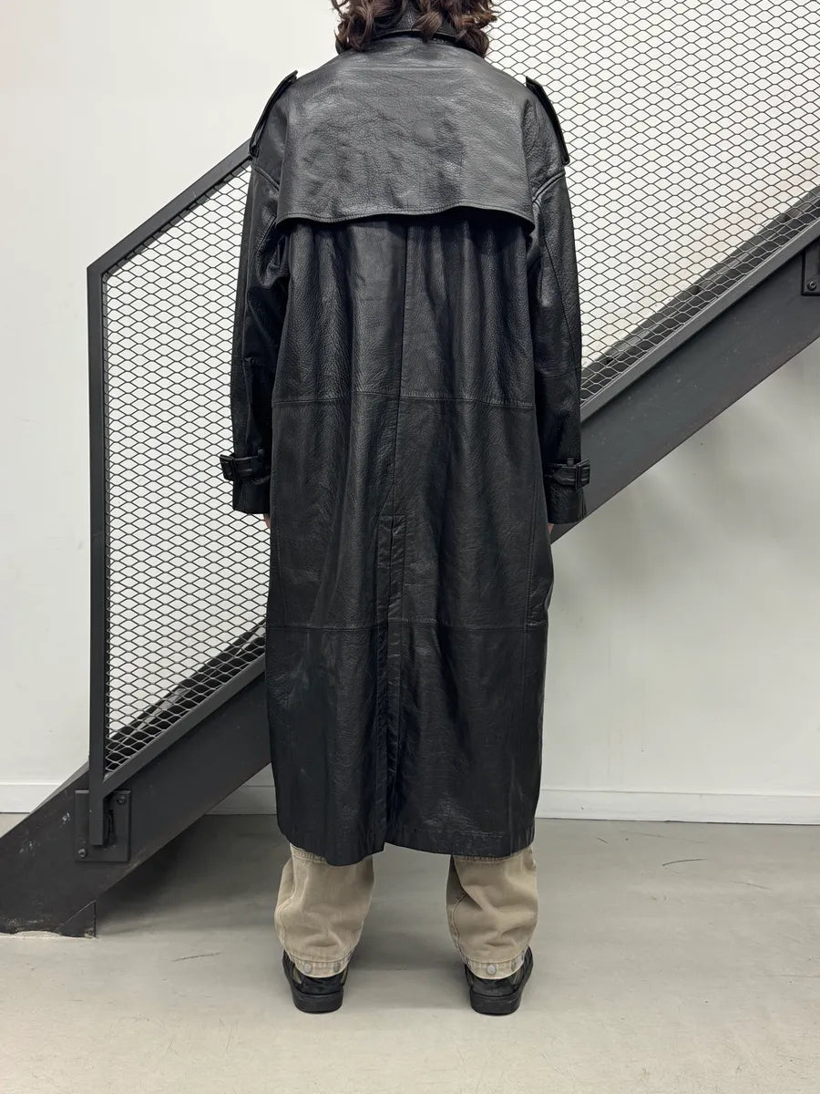 AW2022 Emporio Armani Black Leather Double-Breasted Trench Coat DwOZxBUk 1