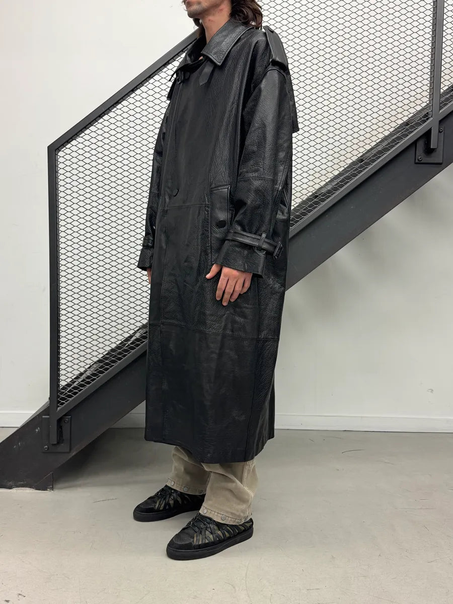 AW2022 Emporio Armani Black Leather Double-Breasted Trench Coat DwOZxBUk 2