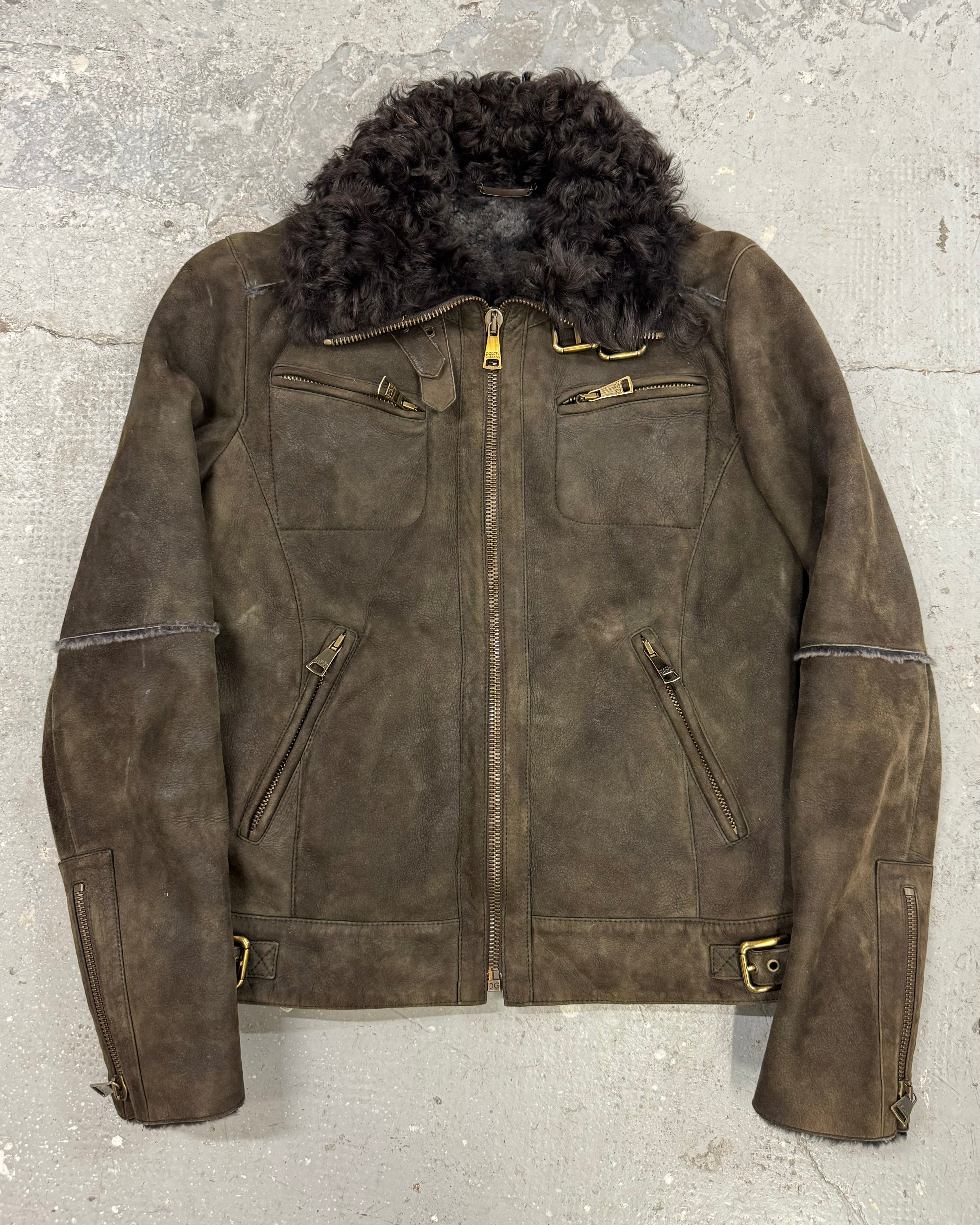 2000s Dolce & Gabbana Suede Leather Fur Collar Brown Sheepskin Jacket (S)