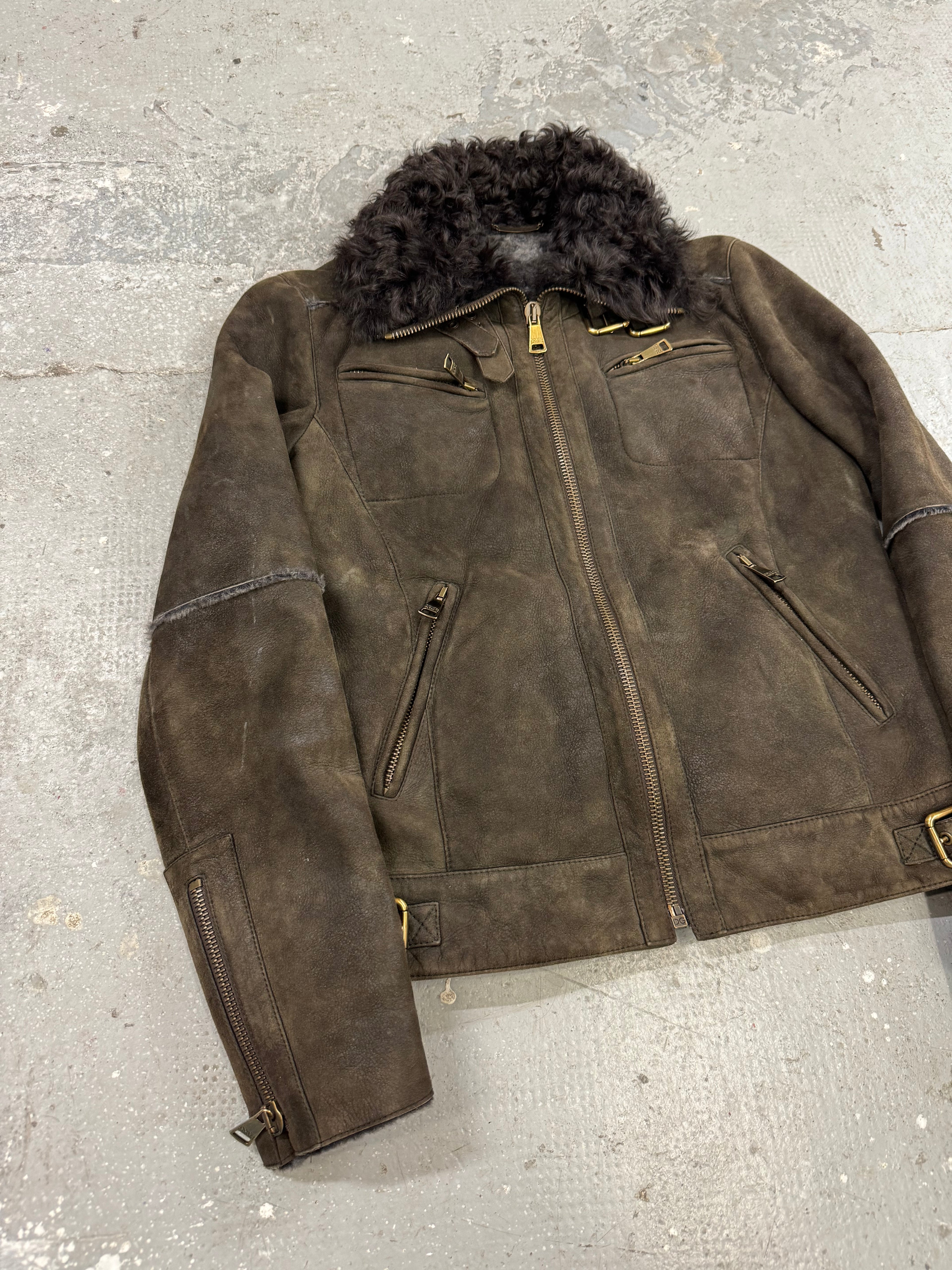 2000s Dolce & Gabbana Suede Leather Fur Collar Brown Sheepskin Jacket (S)