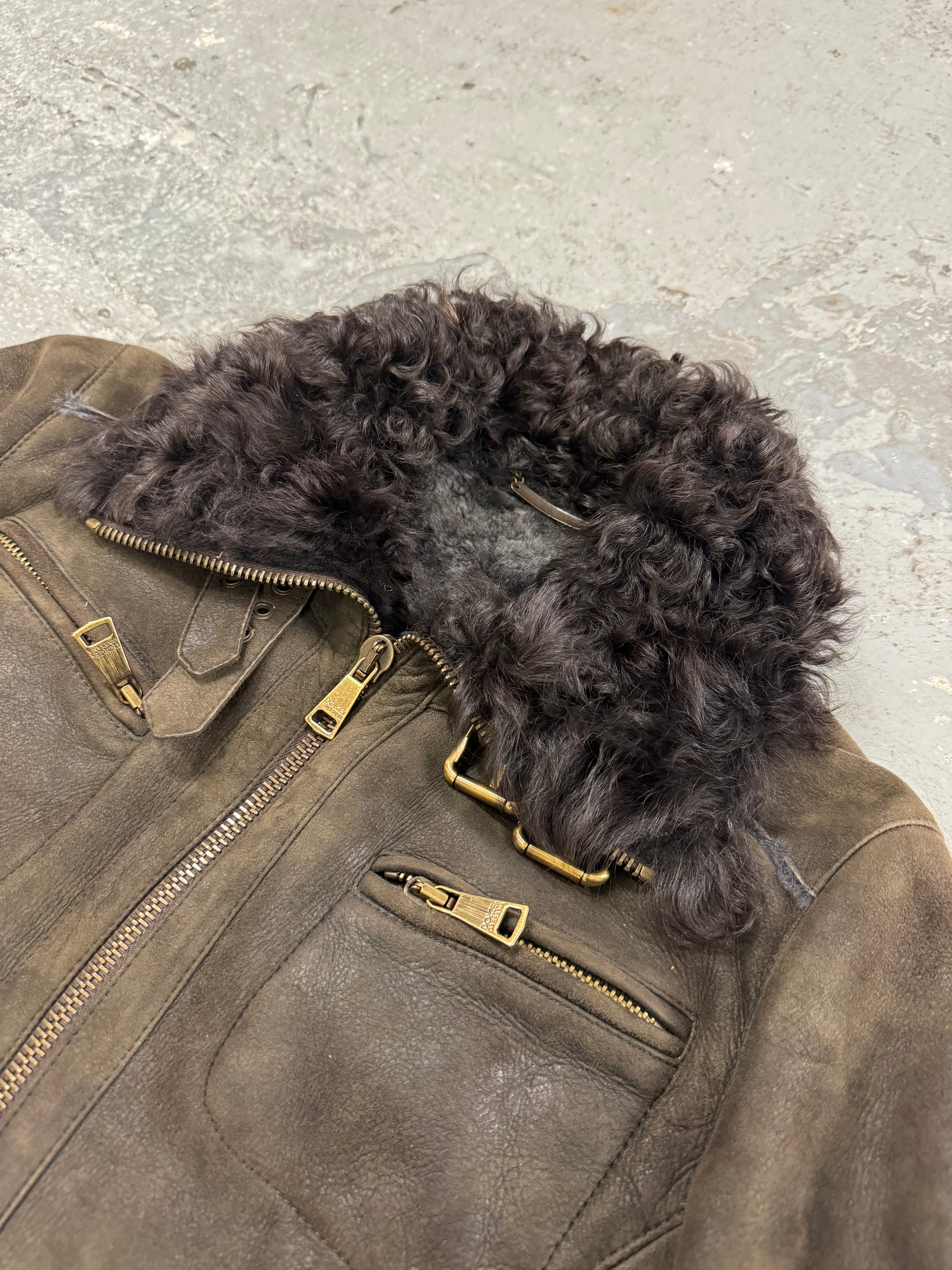 2000s Dolce & Gabbana Suede Leather Fur Collar Brown Sheepskin Jacket (S)