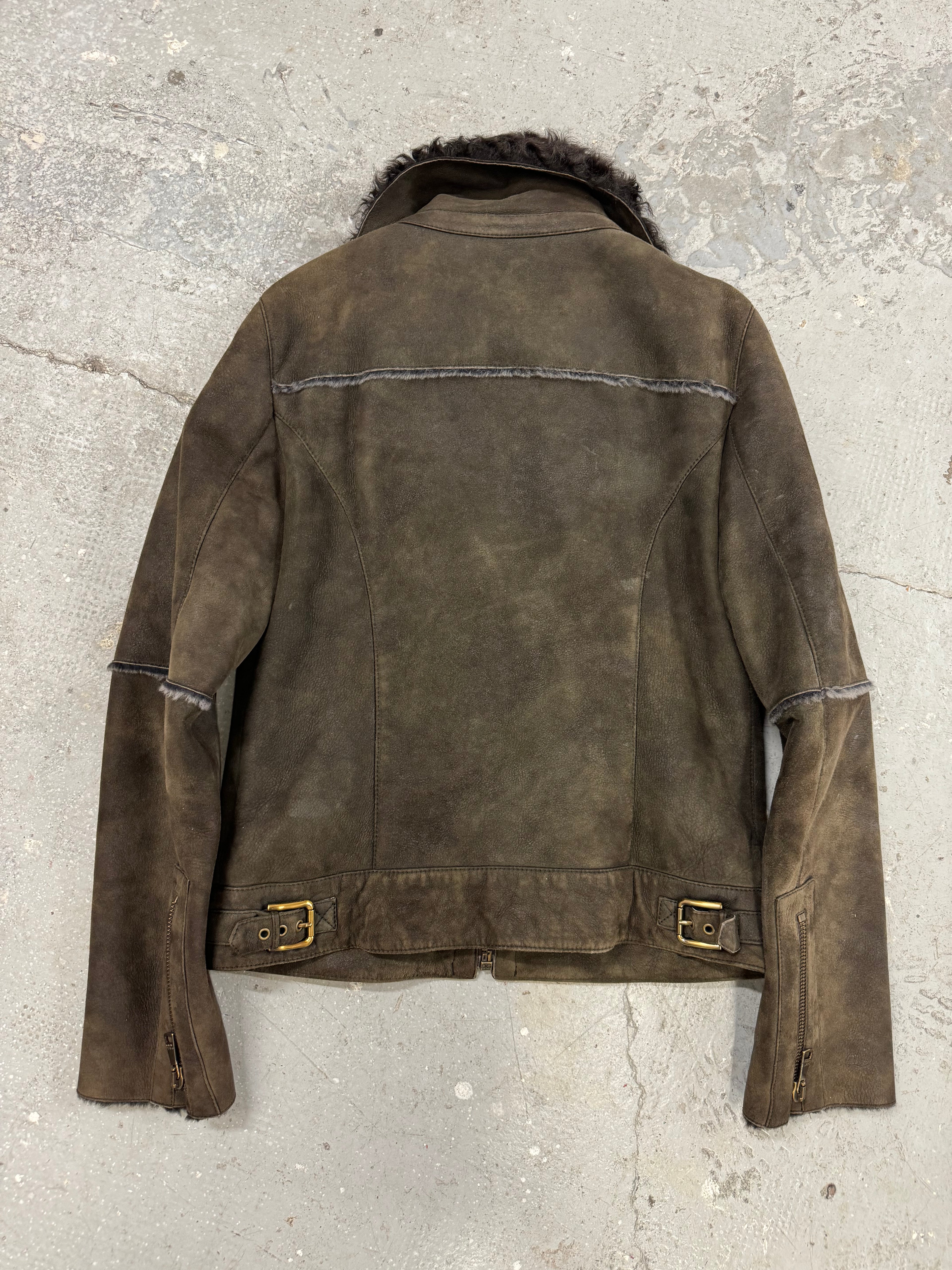 2000s Dolce & Gabbana Suede Leather Fur Collar Brown Sheepskin Jacket (S)