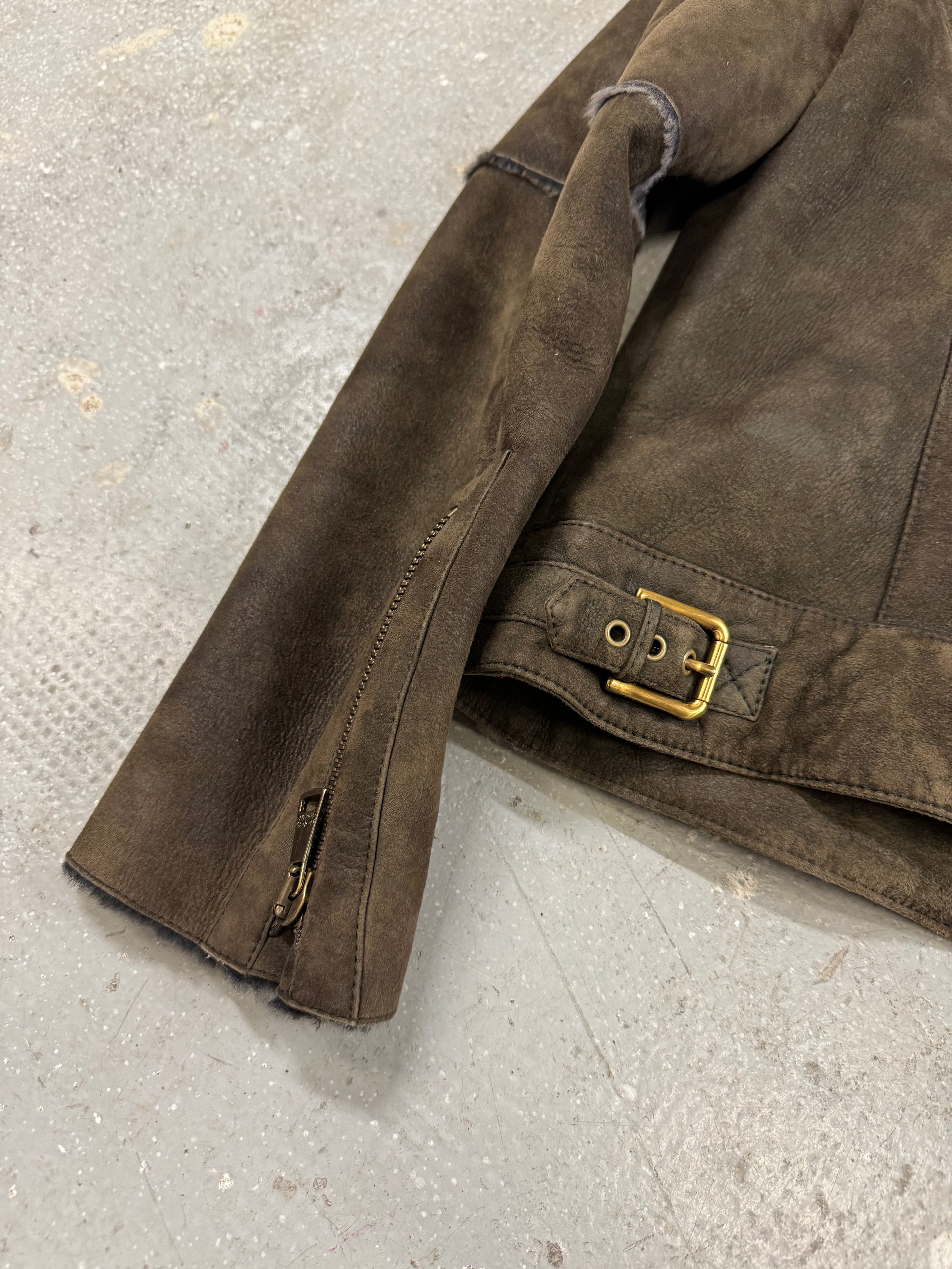 2000s Dolce & Gabbana Suede Leather Fur Collar Brown Sheepskin Jacket (S)