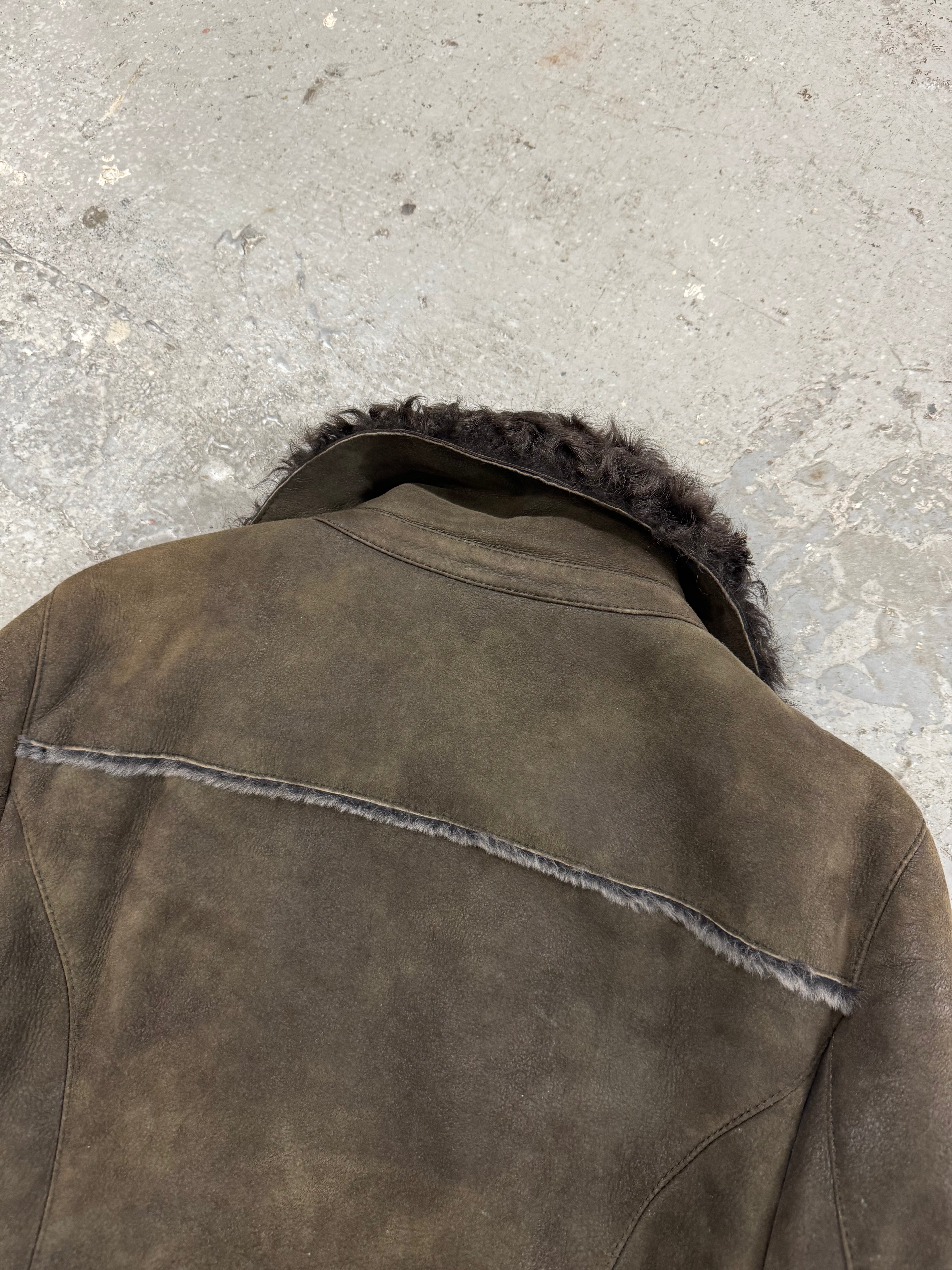 2000s Dolce & Gabbana Suede Leather Fur Collar Brown Sheepskin Jacket (S)