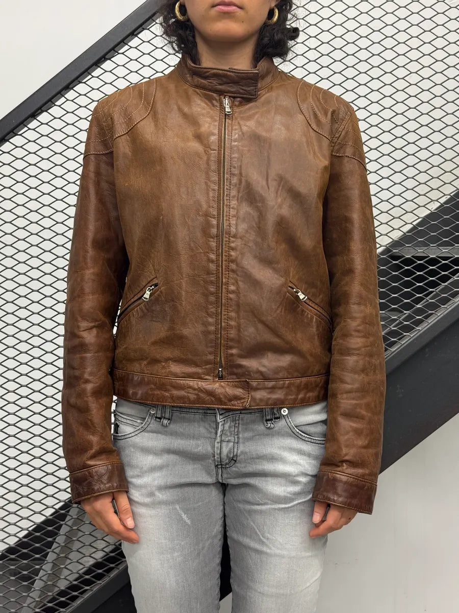 2000s Armani Jeans Camel Biker Stand Collar Leather Jacket FWpKywWl 1