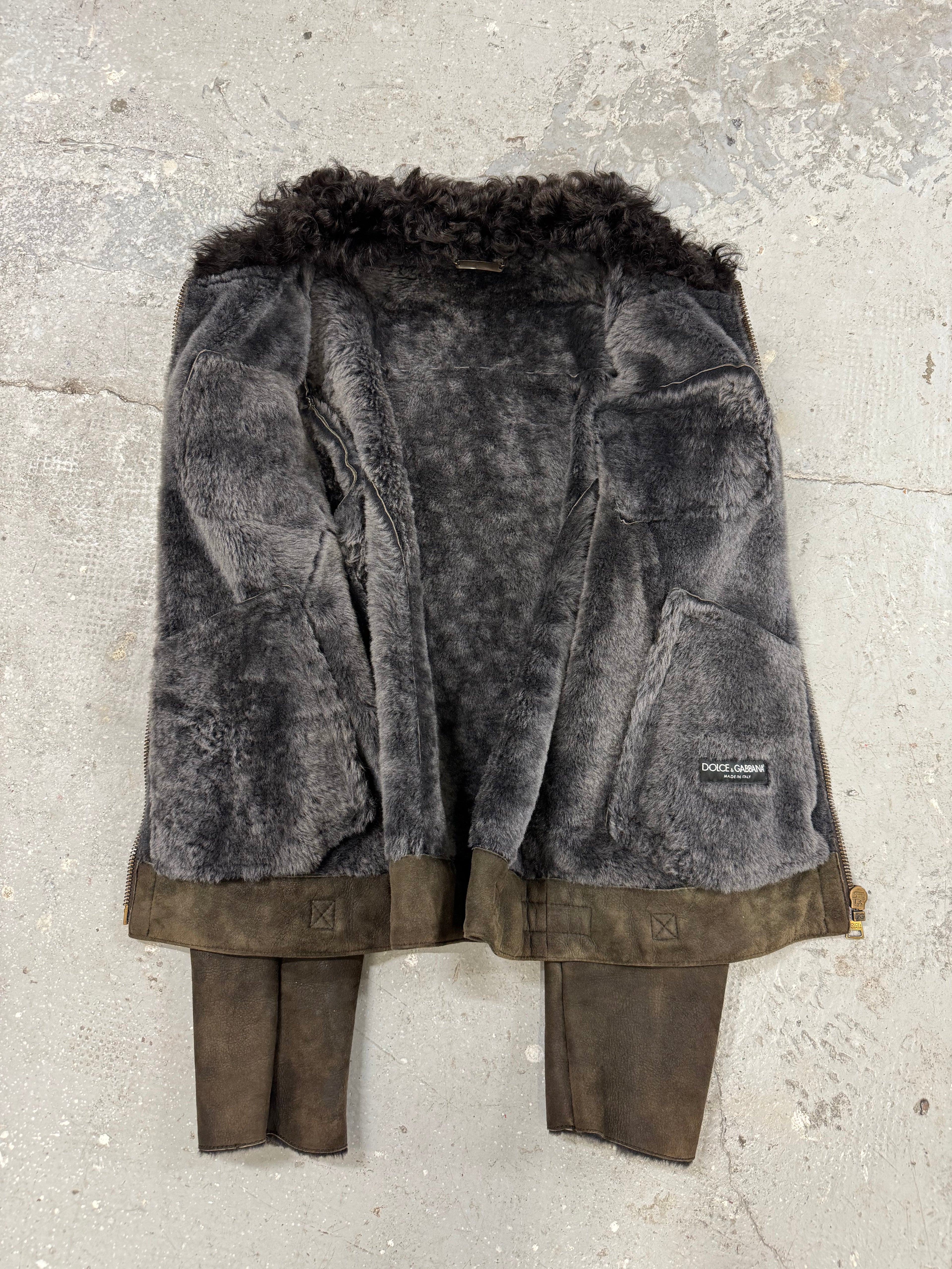 2000s Dolce & Gabbana Suede Leather Fur Collar Brown Sheepskin Jacket (S)