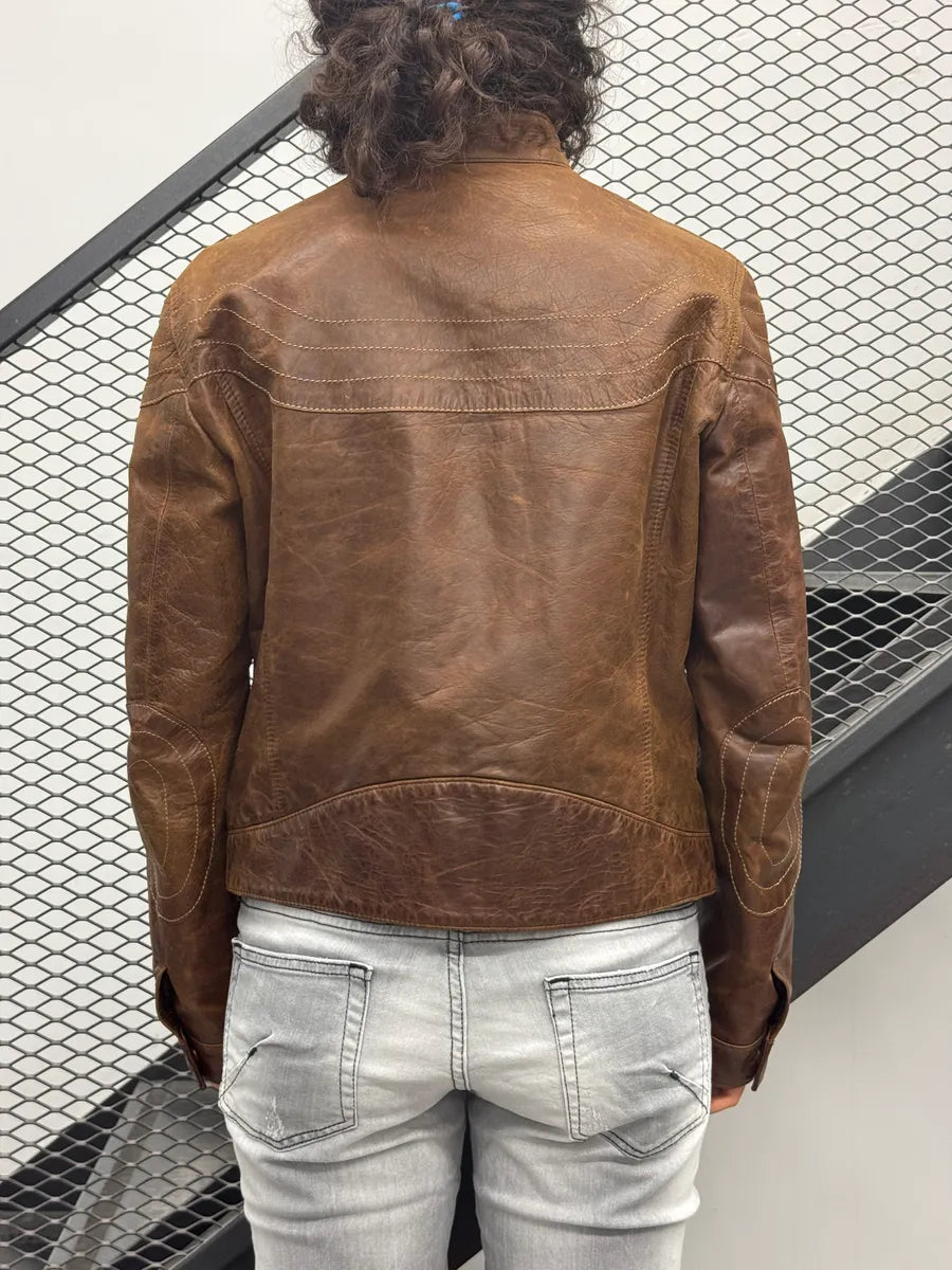 2000s Armani Jeans Camel Biker Stand Collar Leather Jacket FWpKywWl 2