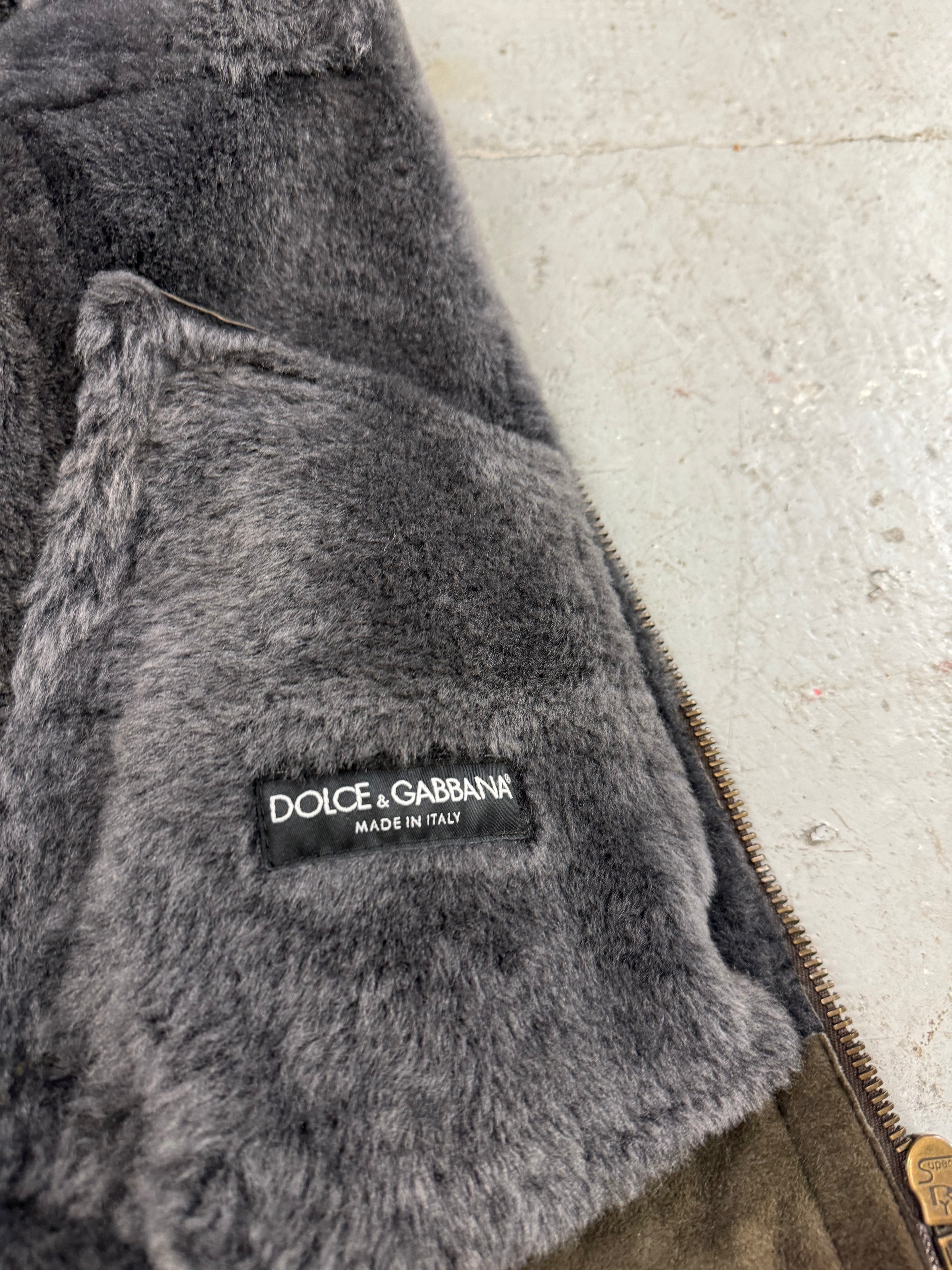 2000s Dolce & Gabbana Suede Leather Fur Collar Brown Sheepskin Jacket (S)