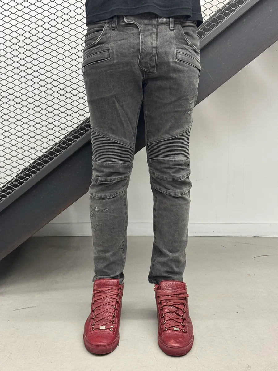 SS2015 Balmain Grey Biker Distressed Denim Jeans aFPKeoQG 1