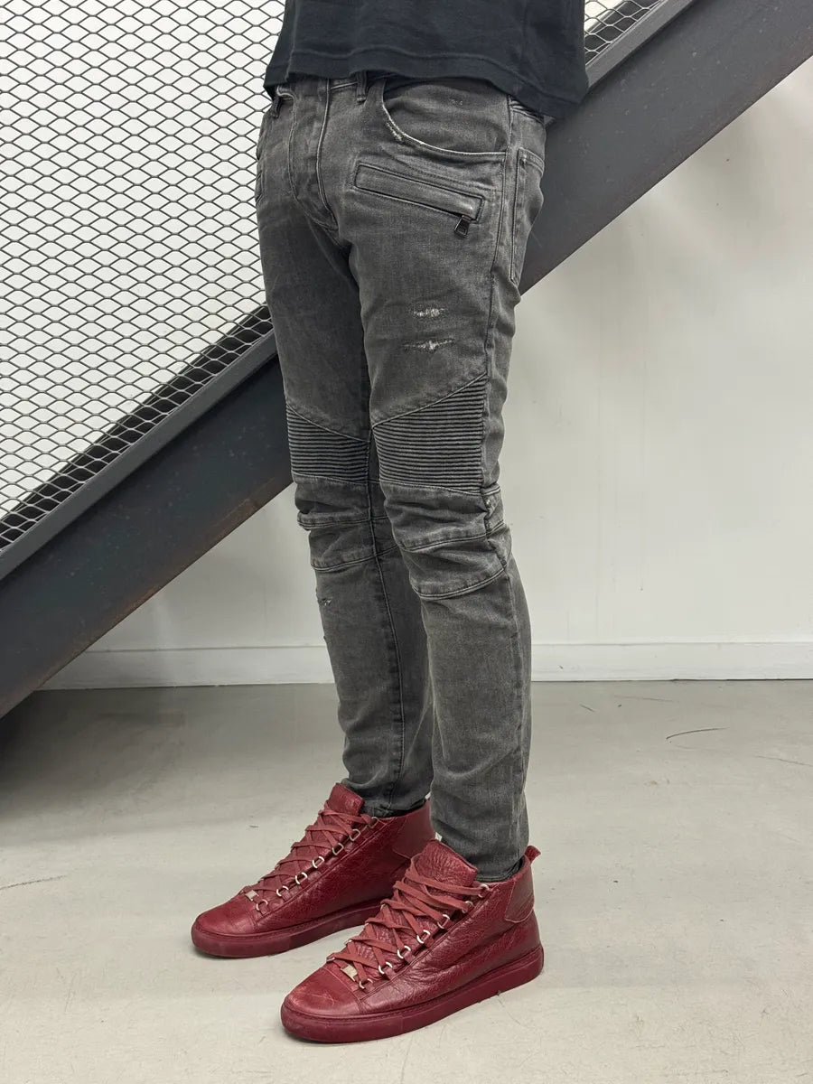 SS2015 Balmain Grey Biker Distressed Denim Jeans aFPKeoQG 2