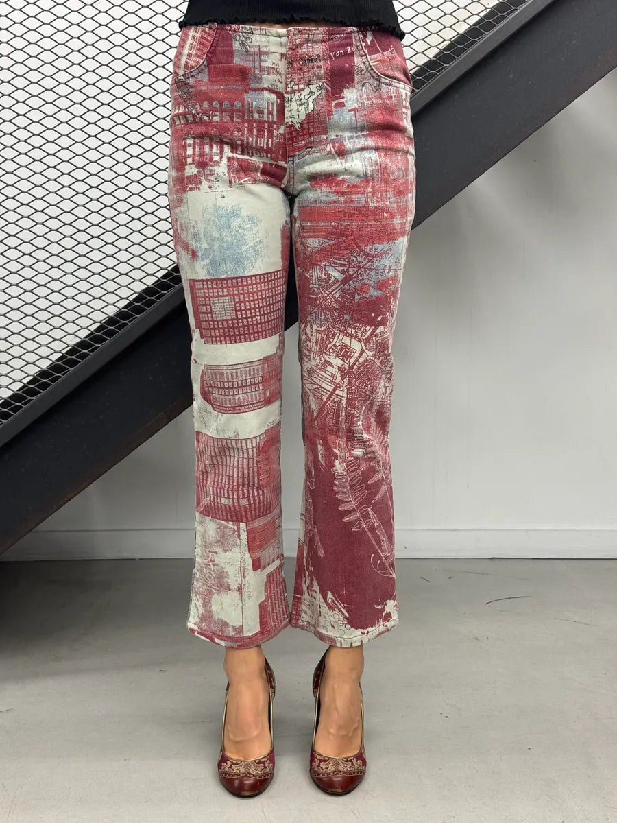 2000s Cavalli Red Graphic City Bird Print Jeans fHRIcKQU 3