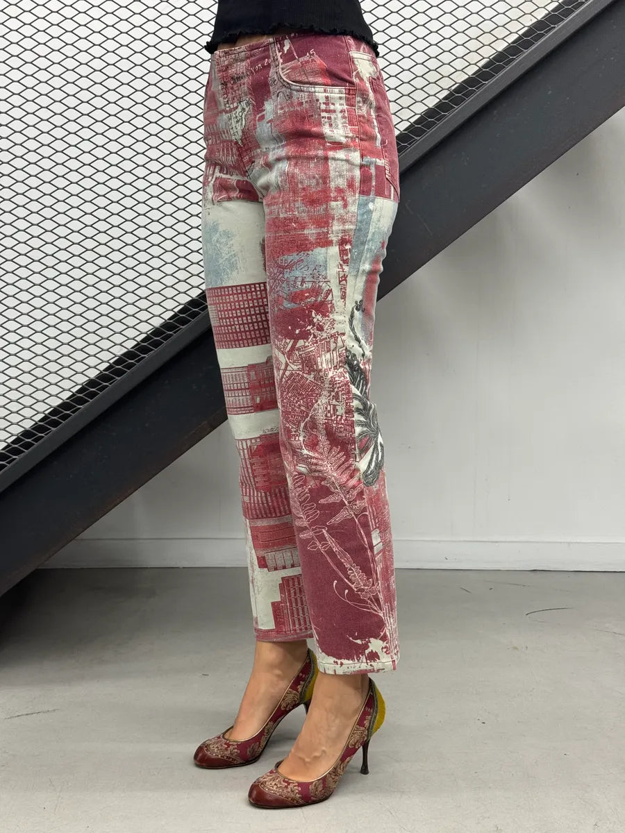 2000s Cavalli Red Graphic City Bird Print Jeans fHRIcKQU 2