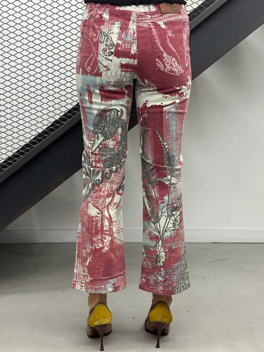 2000s Cavalli Red Graphic City Bird Print Jeans fHRIcKQU 1