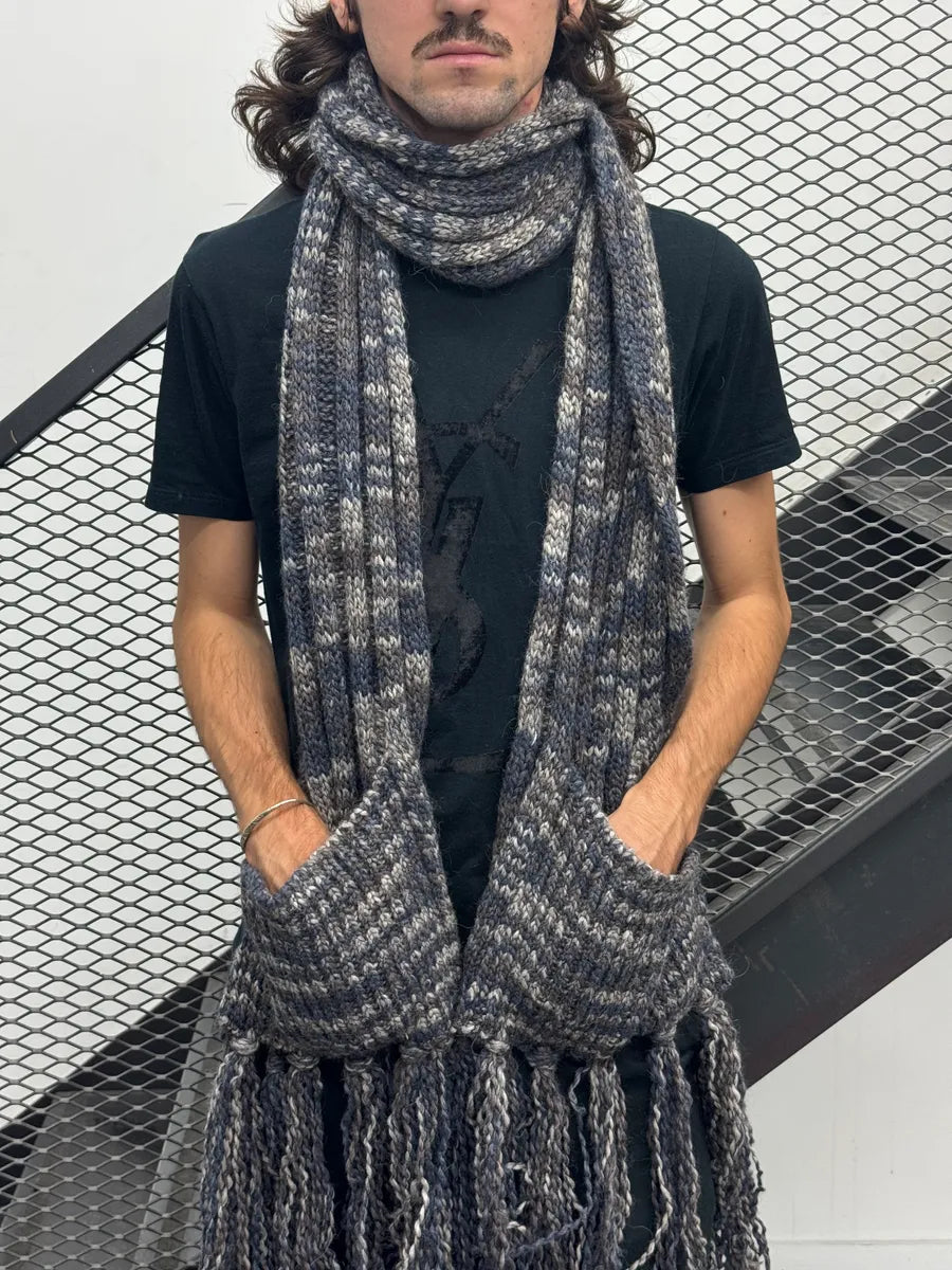 Galliano Charcoal Wool Fringe Knit Scarf FazoVPE 0