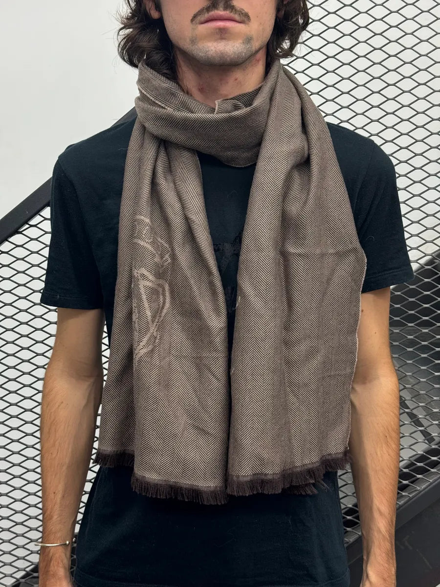 Gucci Taupe Wool Herringbone Logo Scarf XqjJfdU 1