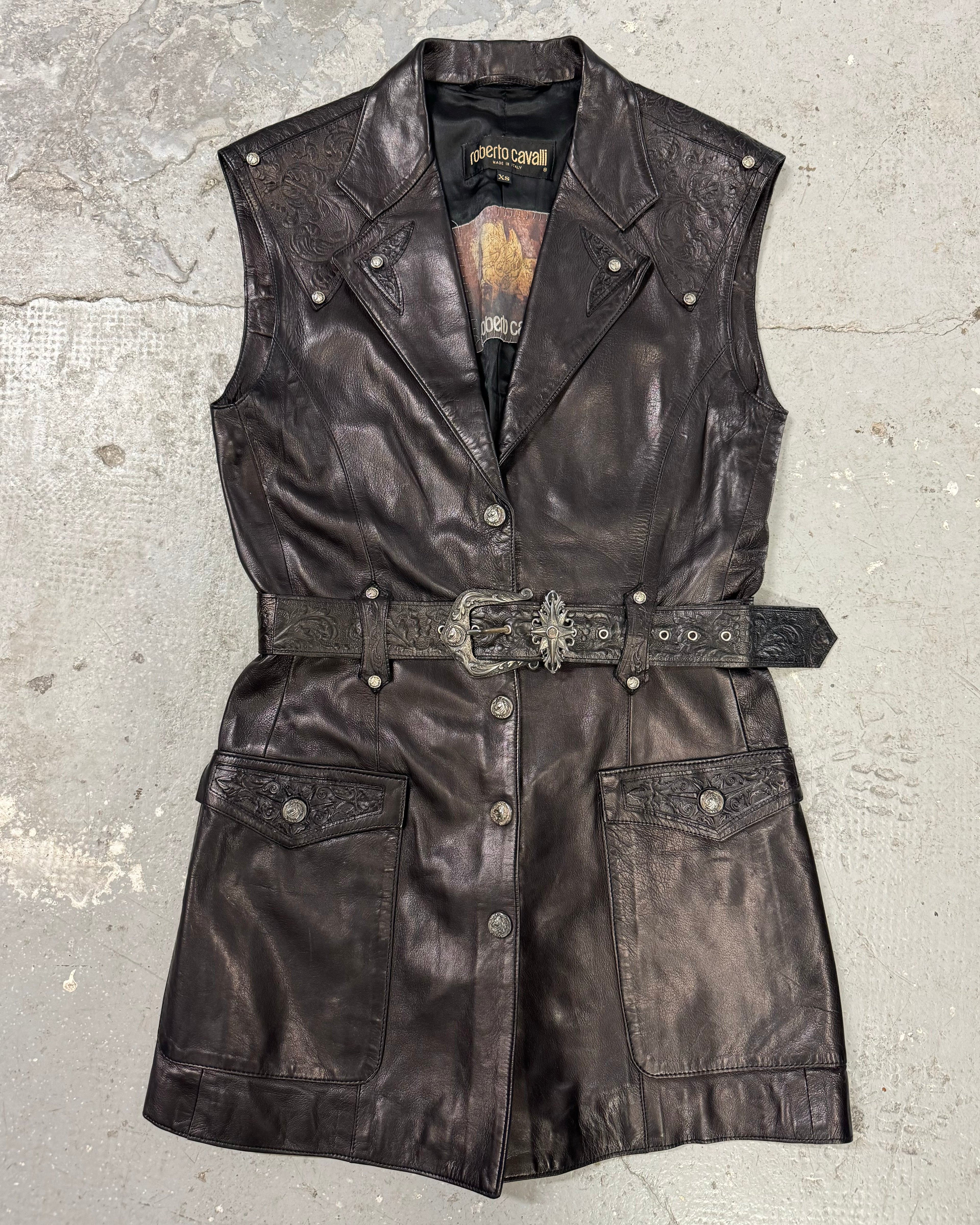 1990s Roberto Cavalli Rock Metallic Embellished Leather Vest  (S/M)