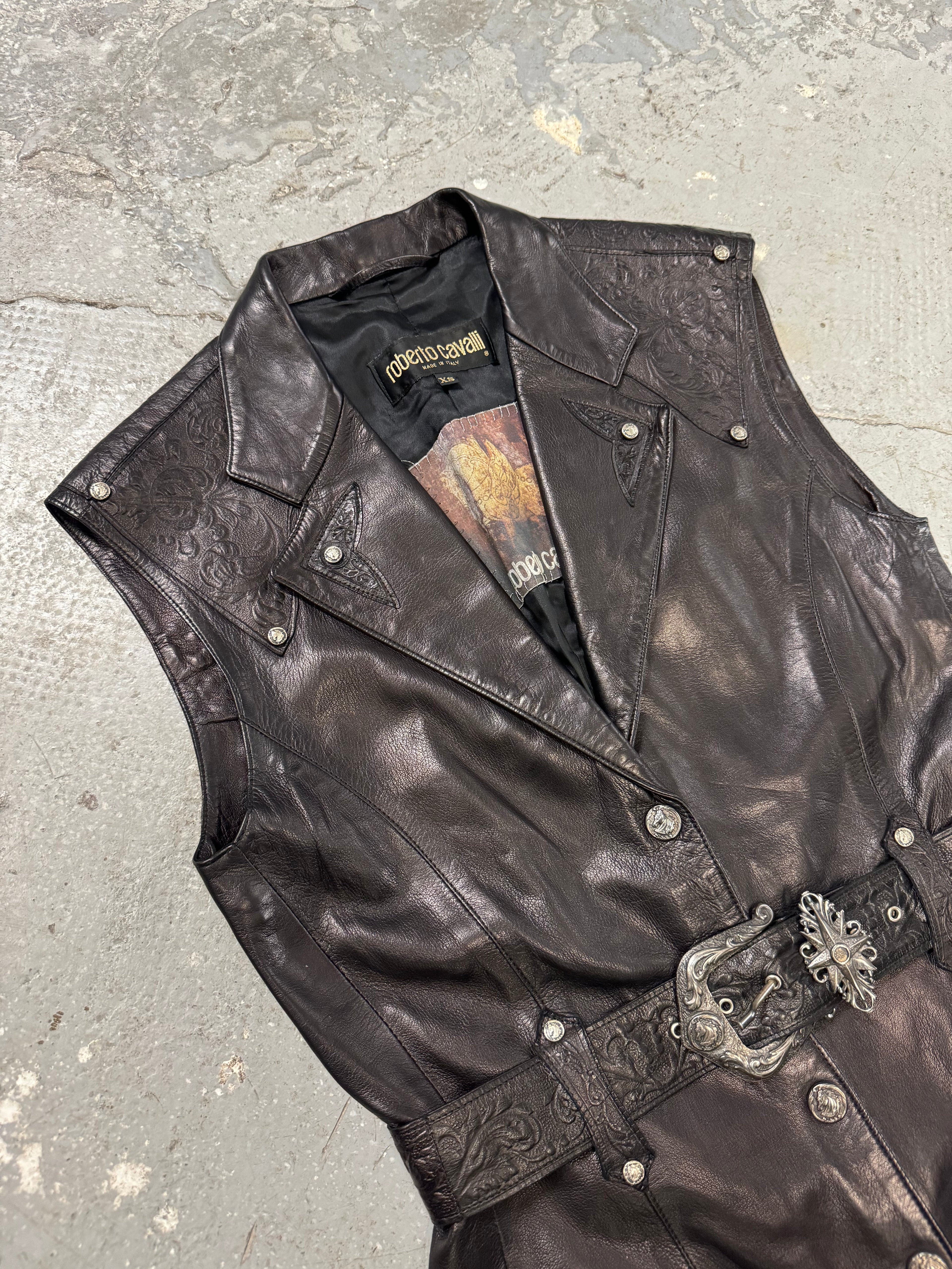 1990s Roberto Cavalli Rock Metallic Embellished Leather Vest  (S/M)