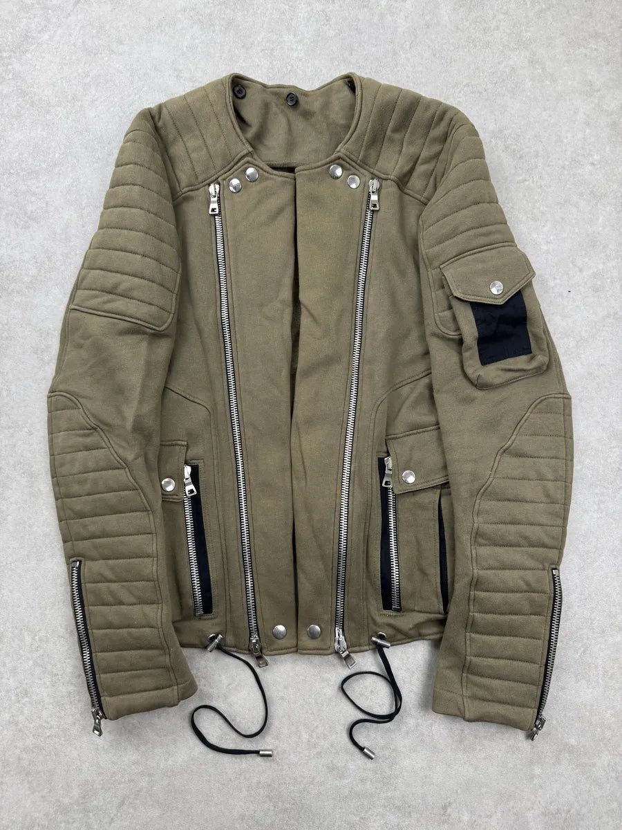AW2014 Balmain Olive Padded Biker Horpist Jacket vxqVzQWv 0