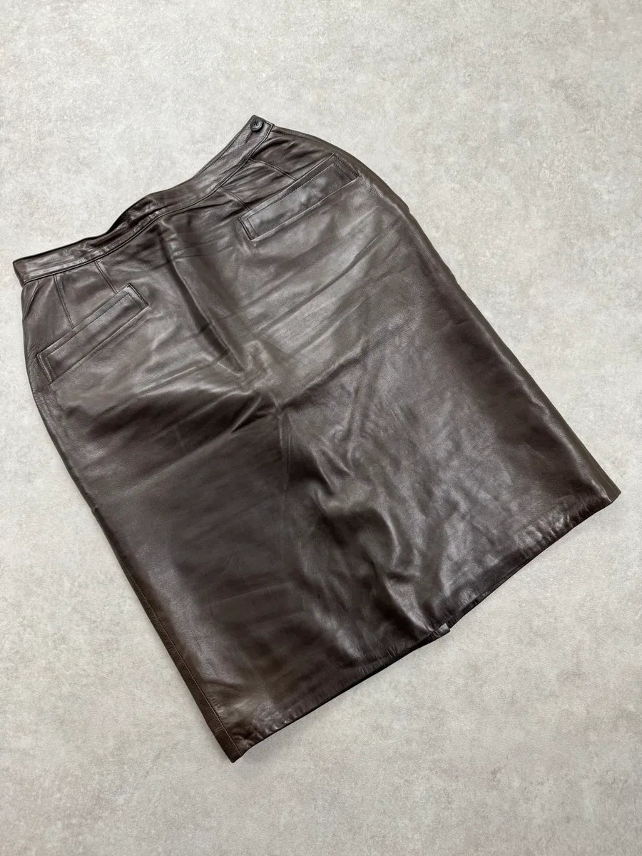 1990s Saint Laurent Dark Brown Leather High Waist Skirt VJSXikP 2