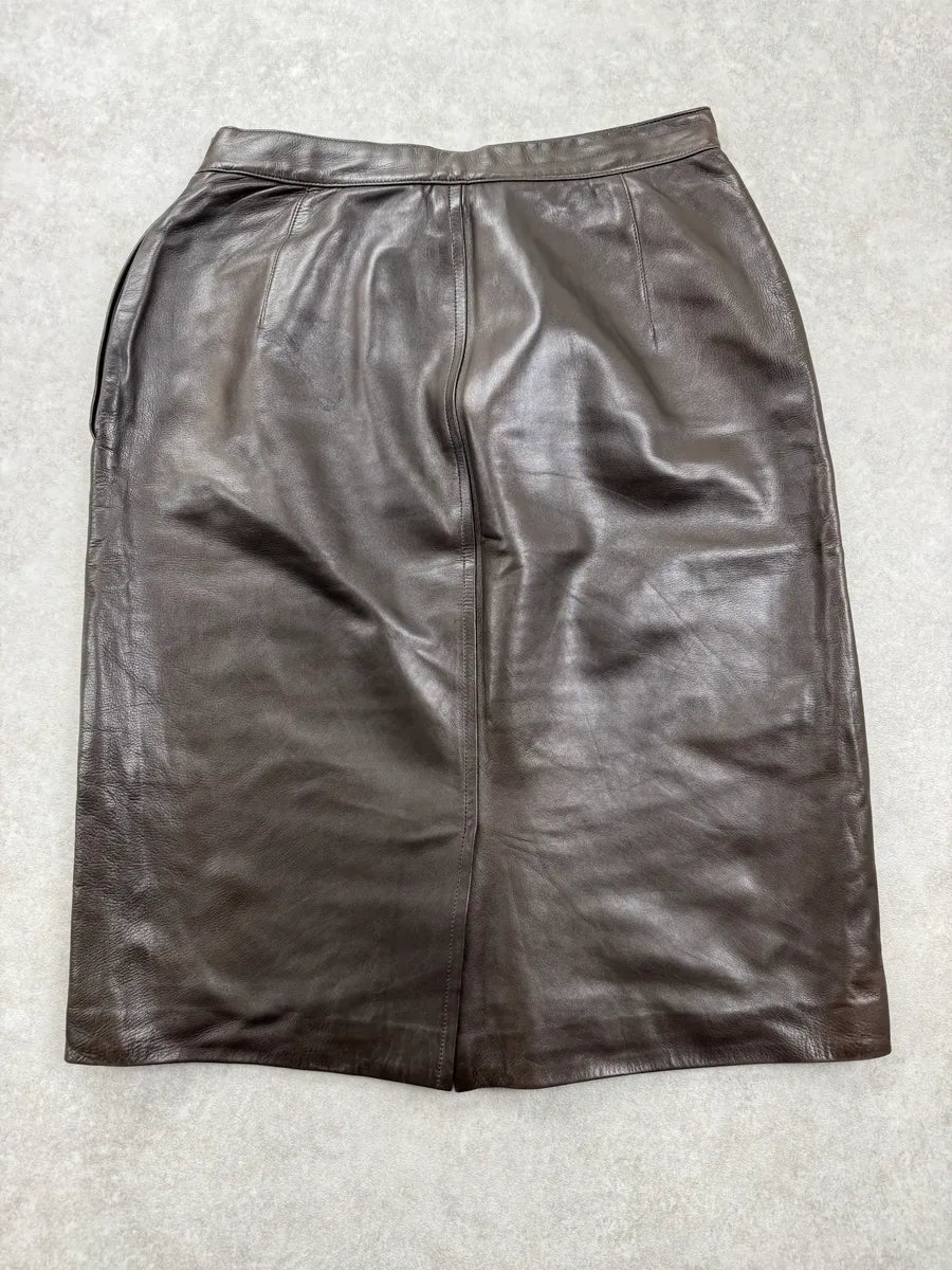1990s Saint Laurent Dark Brown Leather High Waist Skirt VJSXikP 0