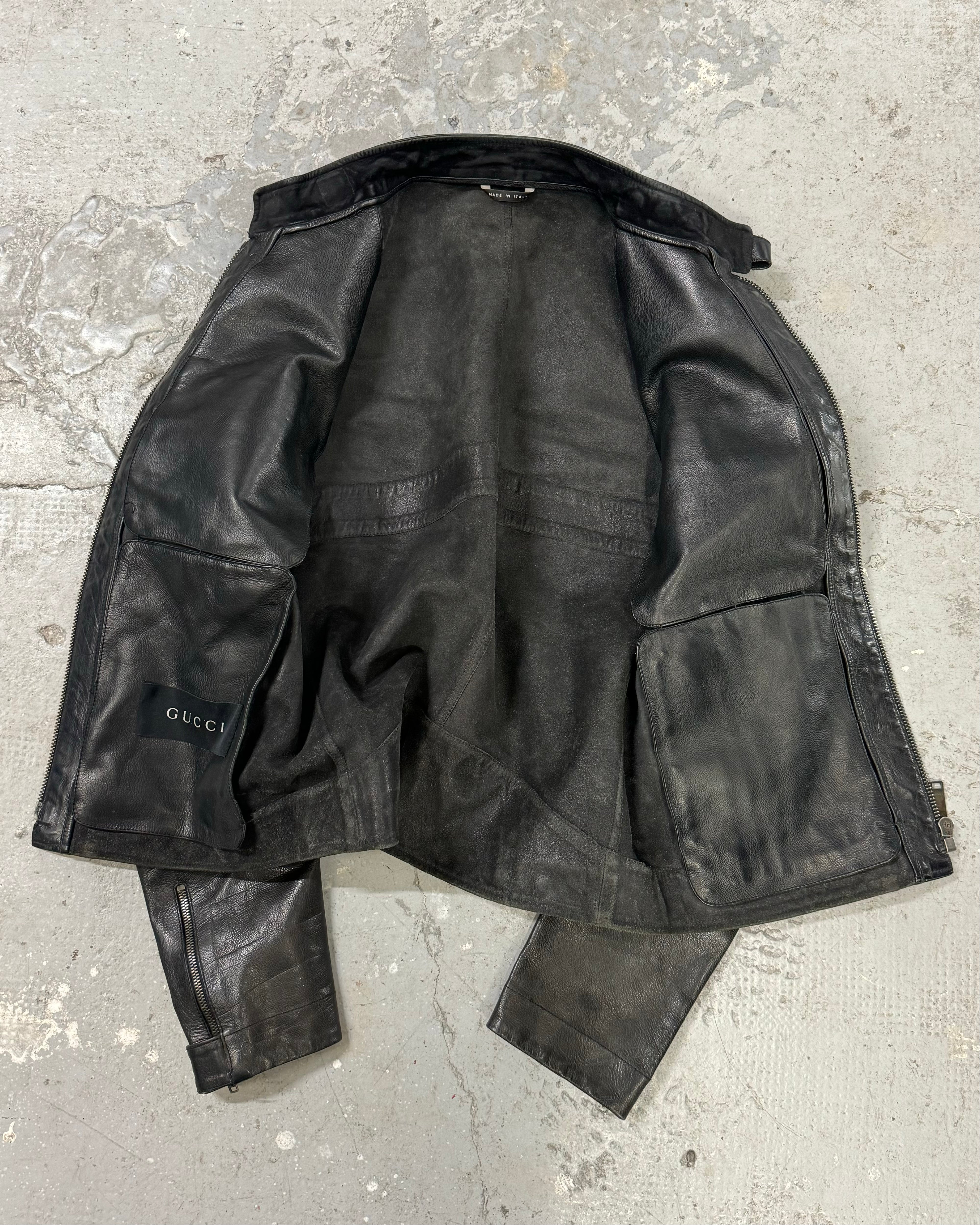 ジャケット・アウター AW2004 GUCCI Tom Ford leather jacket AW2004 Gucci Black Cafe Moto Biker Leather Jacket by Tom Ford (L