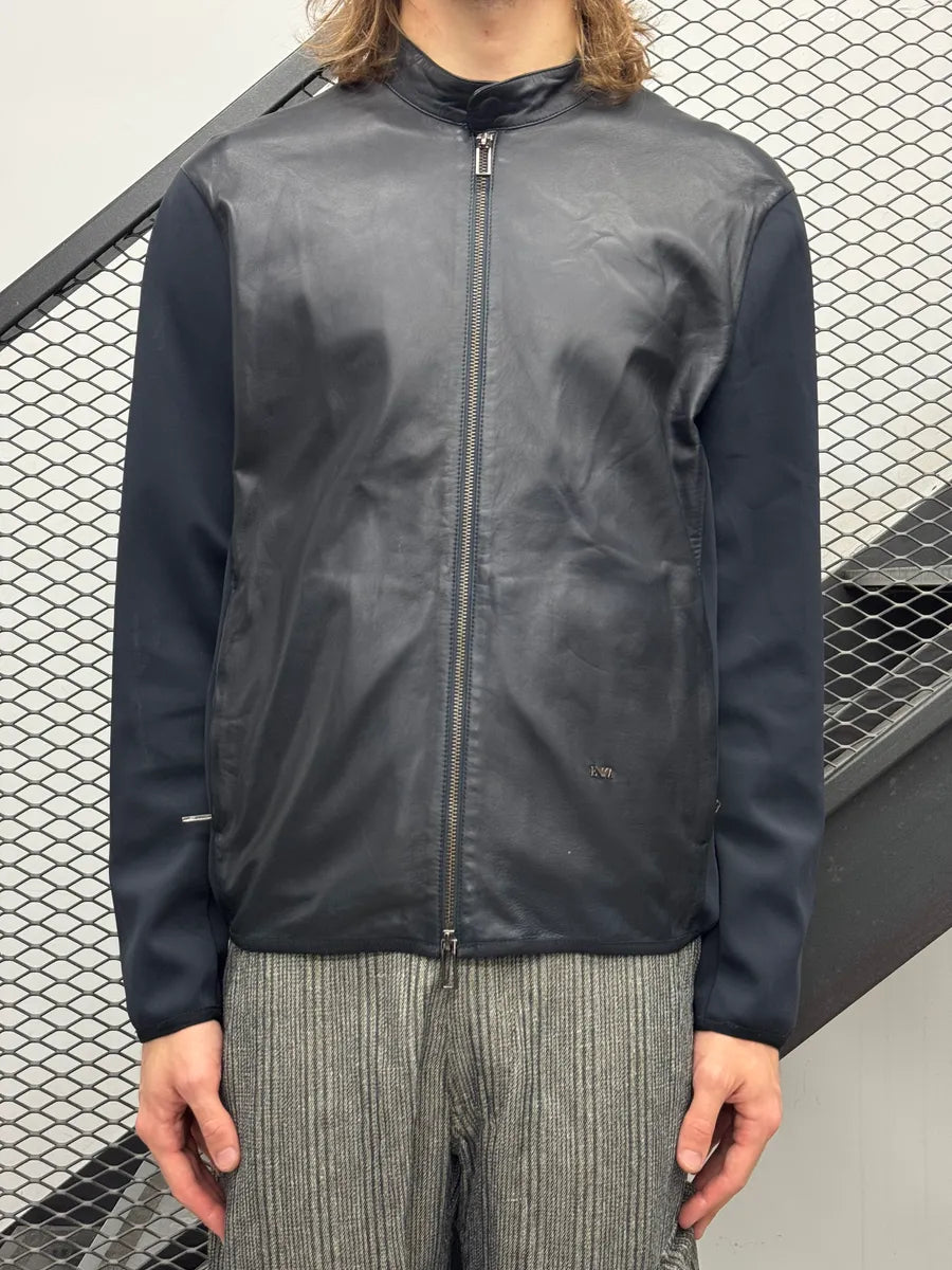 AW2023 Emporio Armani Dark Navy Leather Contrast Tech-Sleeve Leather Jacket exWNvLnf 1