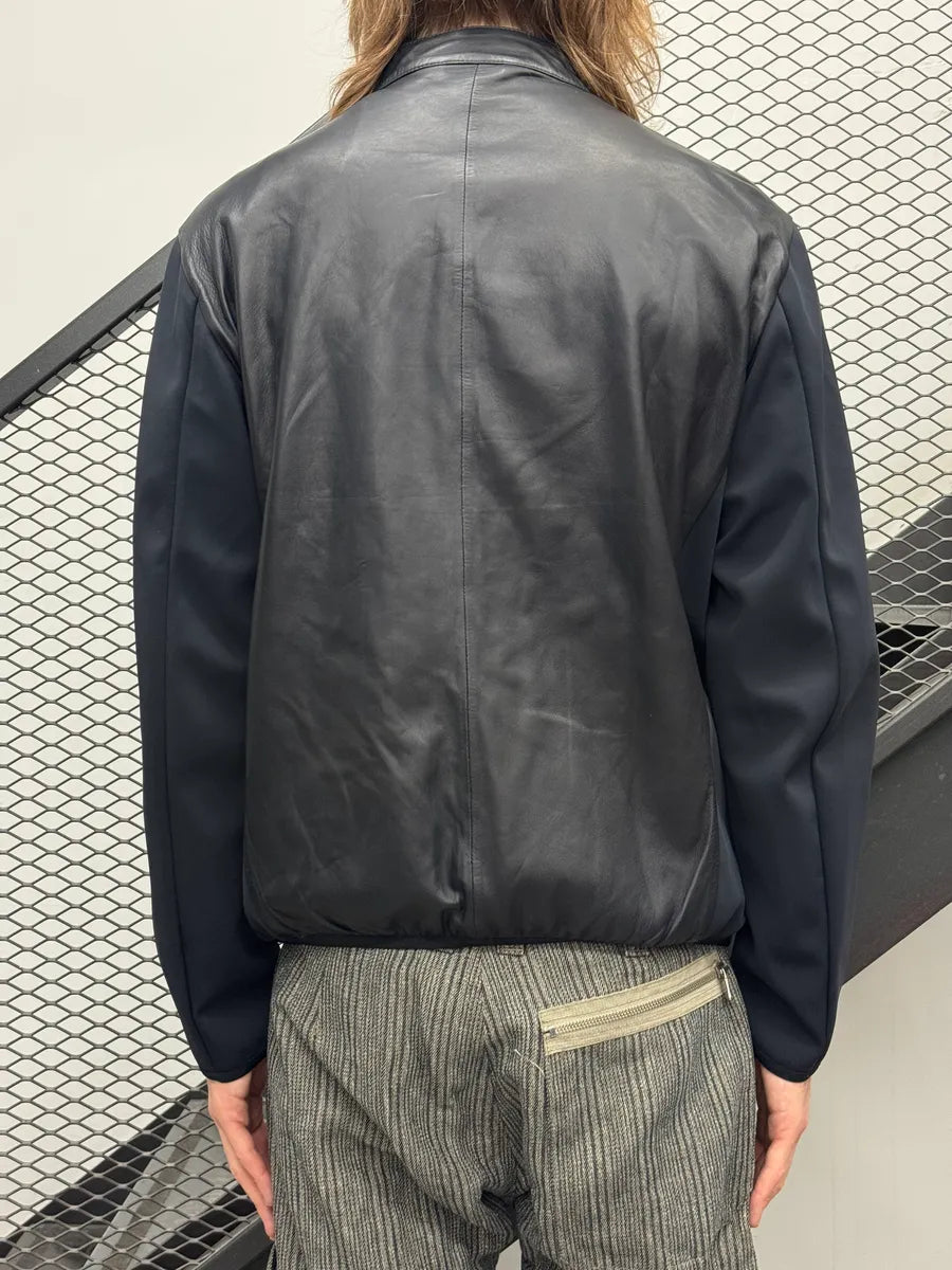 AW2023 Emporio Armani Dark Navy Leather Contrast Tech-Sleeve Leather Jacket exWNvLnf 2