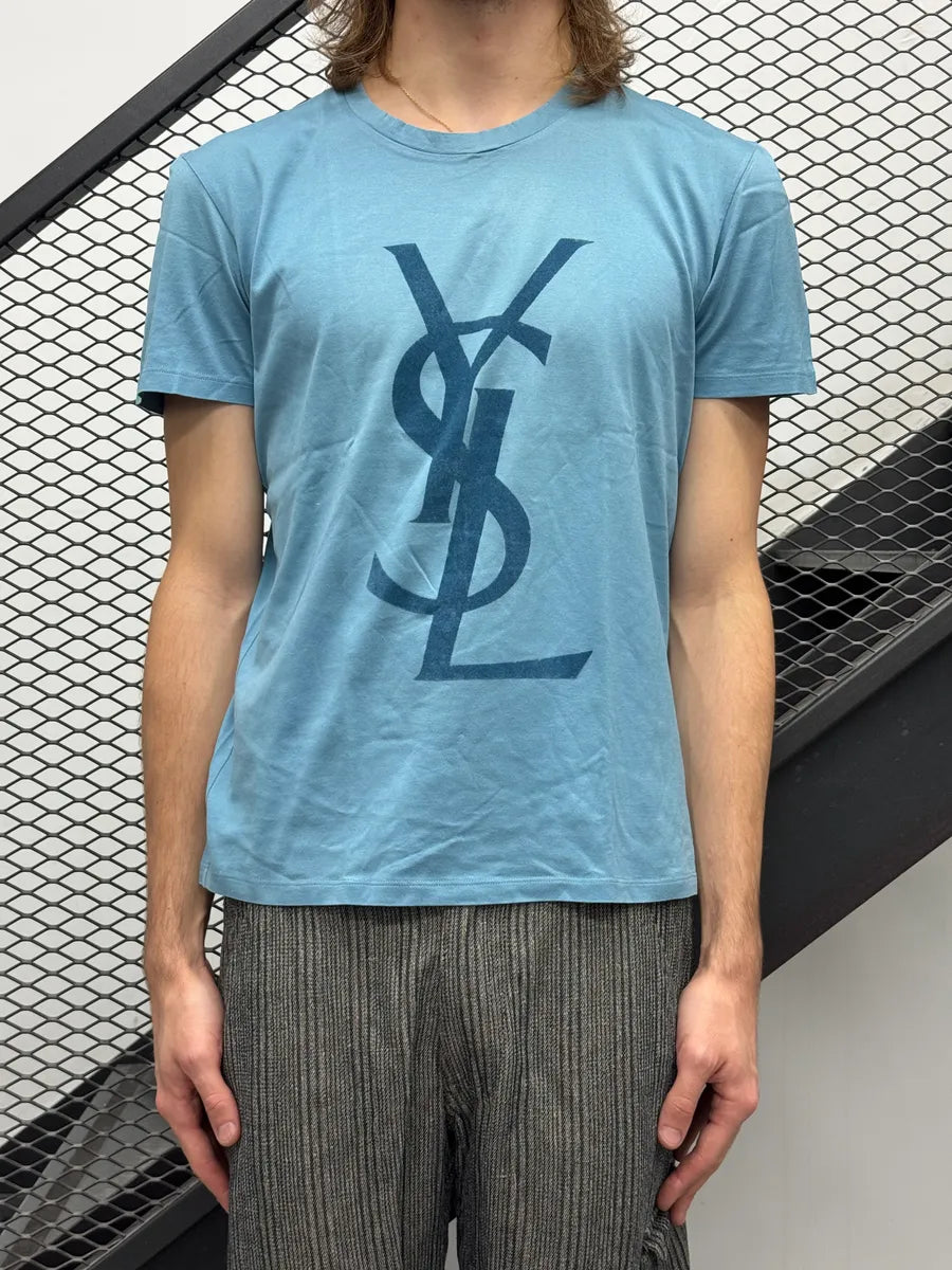 2000s Yves Saint Laurent Blue Signature Logo T-Shirt CYDKwppX 0