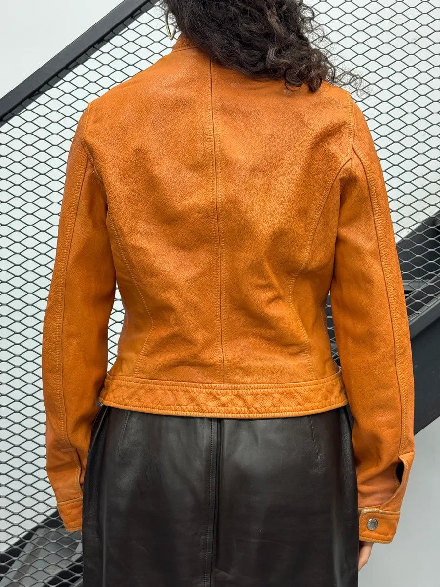 2000s Dolce & Gabbana Orange Leather Moto Leather Jacket kiyySeCt 1