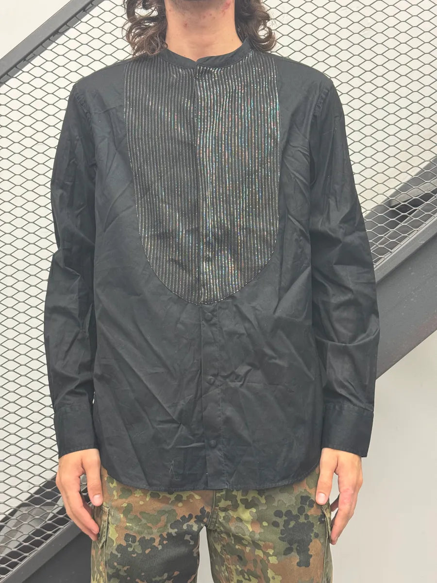 Giorgio Armani Black Woven Metallic Bib Mao Collar Shirt CXygqCRp 1