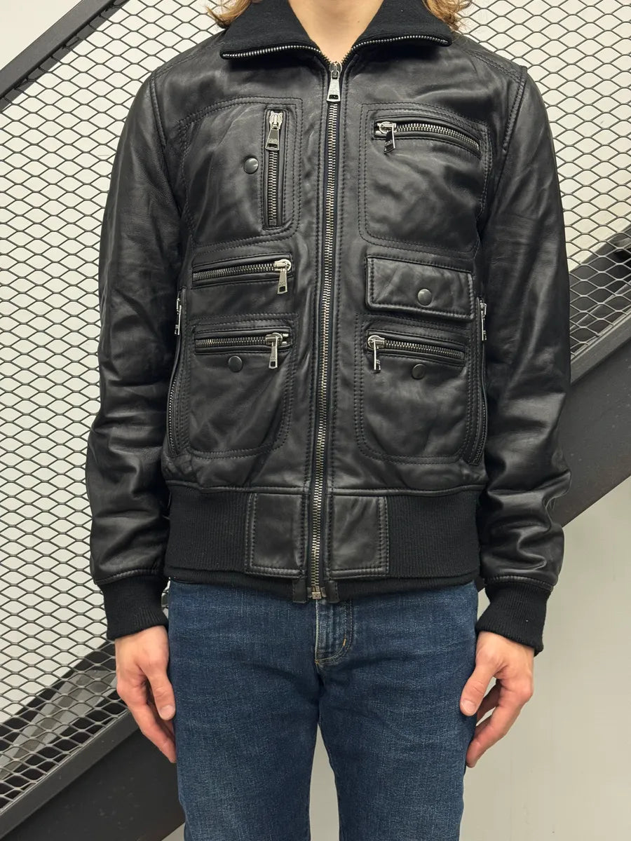 2000s Dolce & Gabbana Black Sheepskin Leather Multi-Pocket Mafia Jacket ebyptIP 3