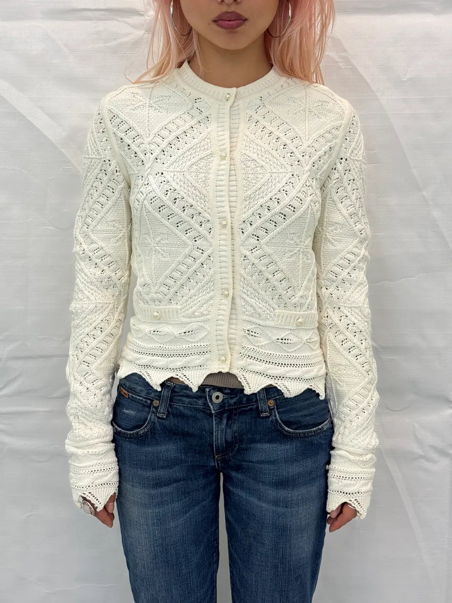 SS2004 Chanel Ivory Wool Knit Openwork Pearls Cardigan Jacket JlqoFcRz 1