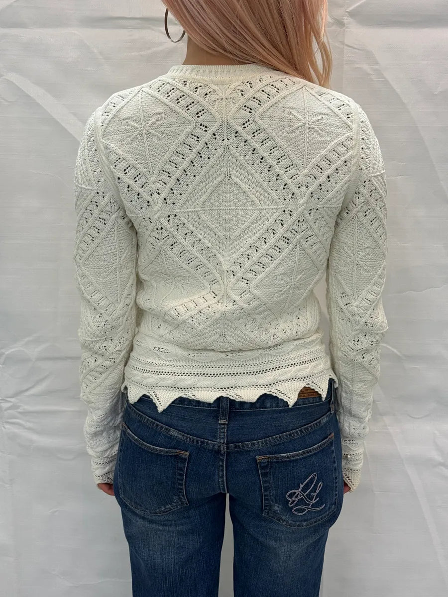 SS2004 Chanel Ivory Wool Knit Openwork Pearls Cardigan Jacket JlqoFcRz 2