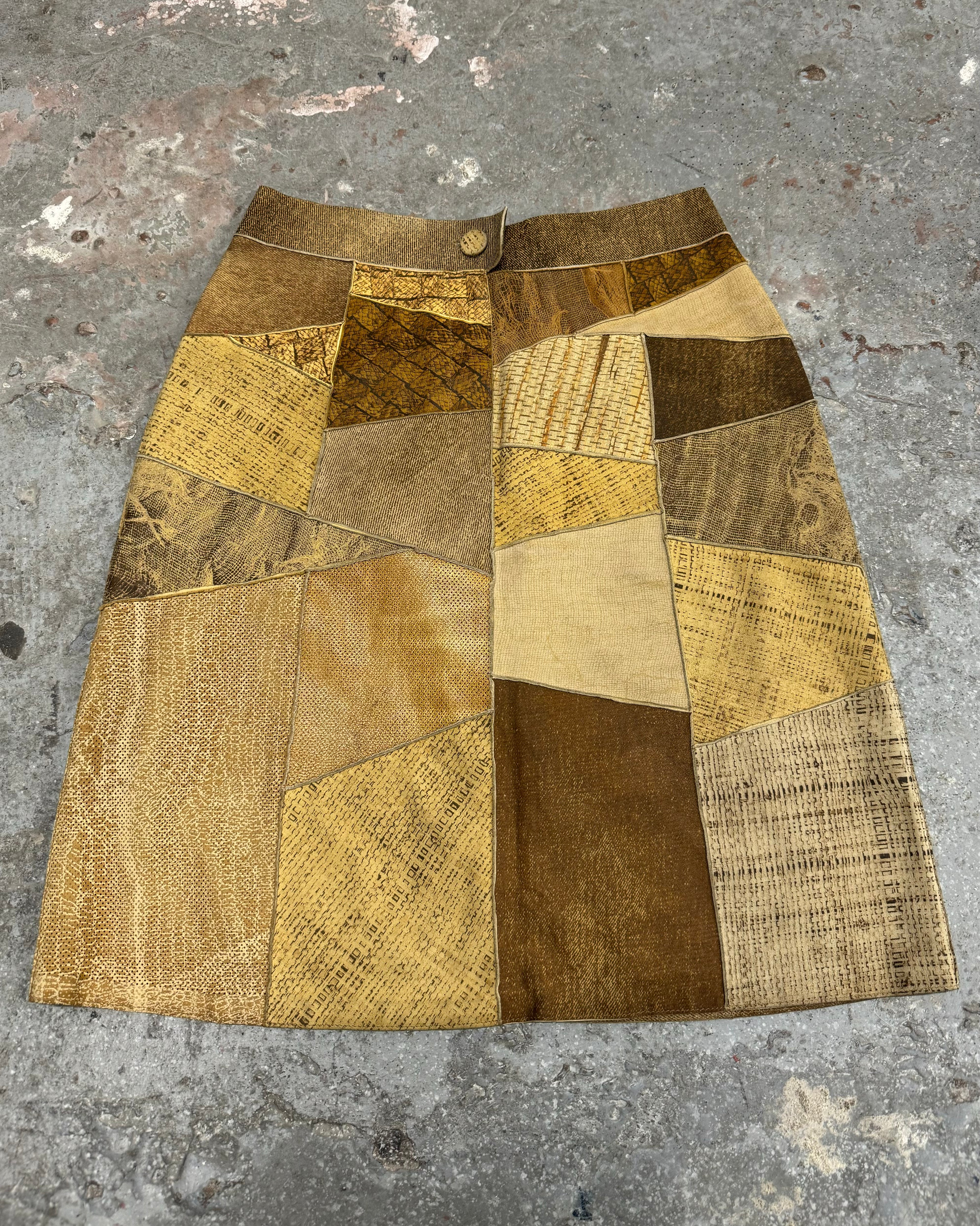 2000s Roberto Cavalli Patchwork Hybrid Leather Camel Skirt (S)